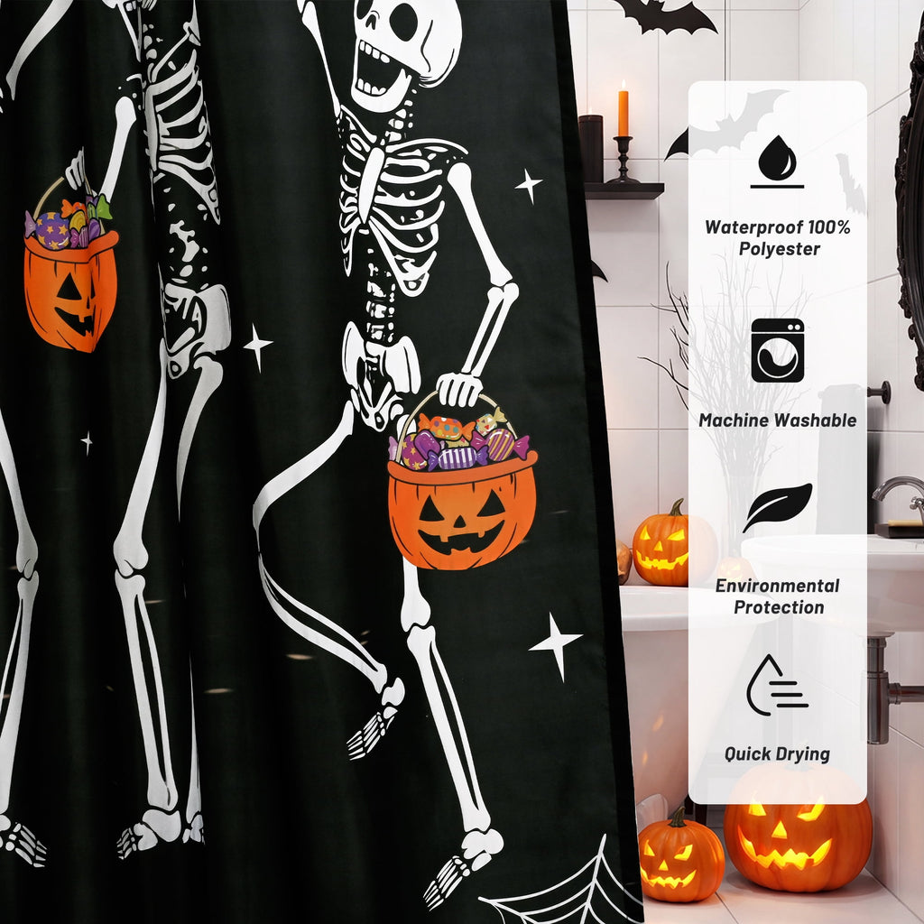 FRAMICS Halloween Shower Curtain Sets with Rugs, 16 Pc Pumpkin Spooky Ghost Bathroom Sets, Black Waterproof Fabric Shower Curtain with 12 Hooks and Toilet Rugs