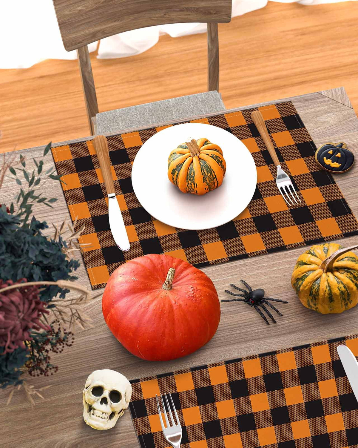 Halloween Placemats Set of 4 Orange and Black Check Plaid Place Mats Fall Placemat Checkered Table Mats for Dining Kitchen Table Holiday Dinner Party Home Decorations 13x19 Inch