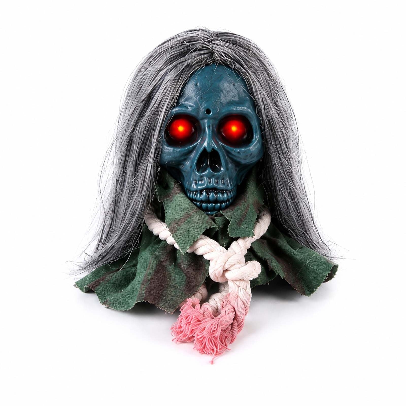 Animated Walking Skull Head with Light-Up Red Eyes Creepy Moving Halloween Prop with Long Grey Hair Horror Music Motorized Resin Decoration for Party Yard Indoor Outdoor Spooky Decor Gift