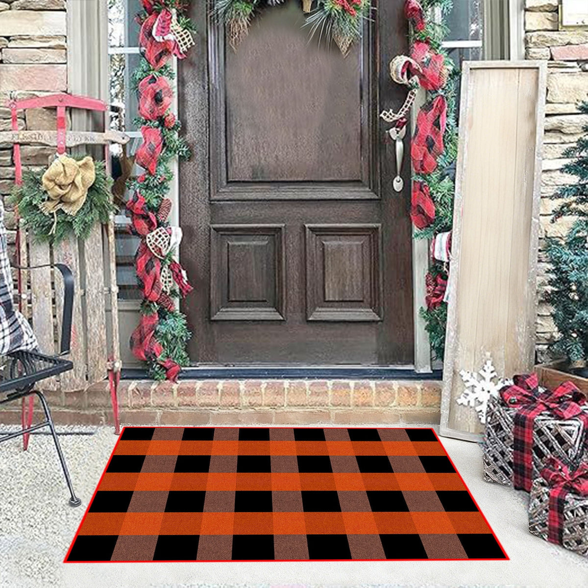 Orange Plaid Fall Outdoor Mat, Hand-Woven Porch Rug for Thanksgiving Halloween Door Decor