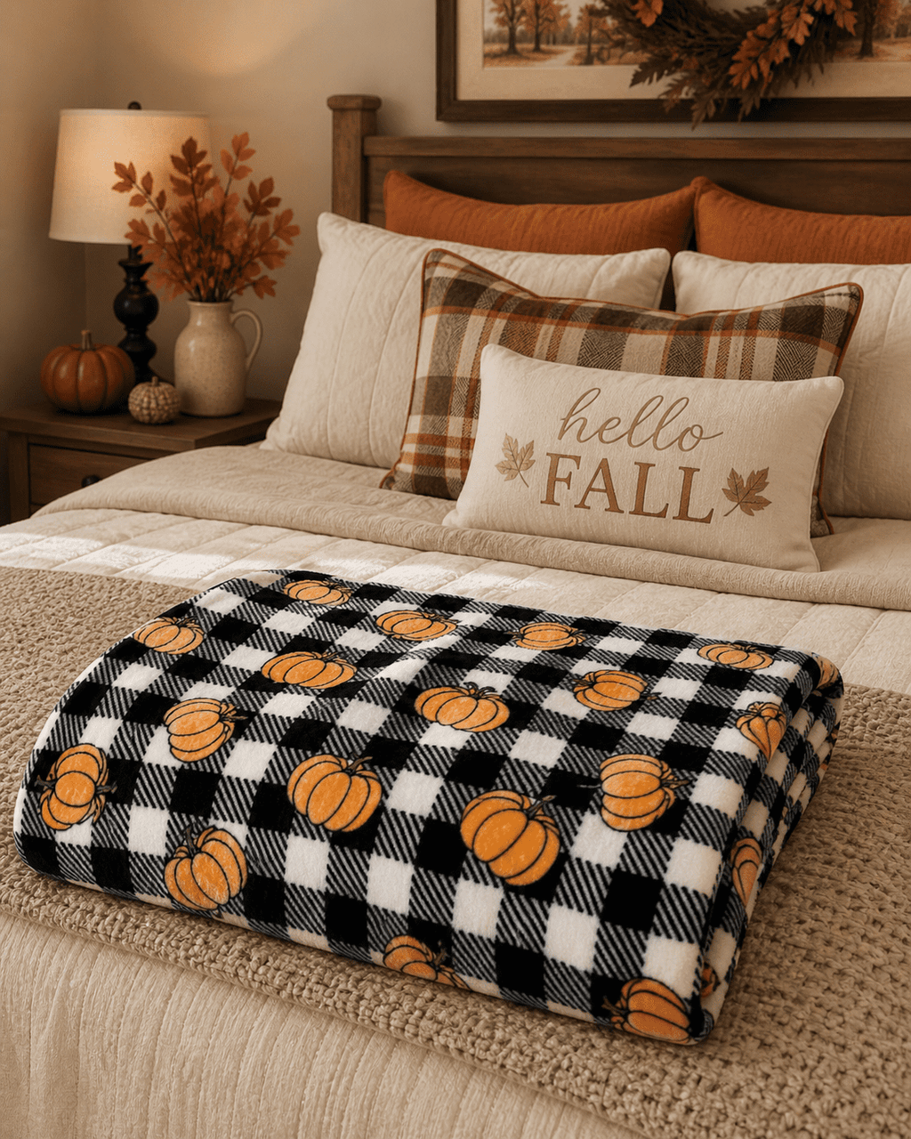 Serafina Home Halloween Throw Blanket: Fuzzy Boo! Jack O'Lantern Spider Webs Skull and Black Cats Print on Velvet Fleece for Sofa Bed Couch Chair Dorm
