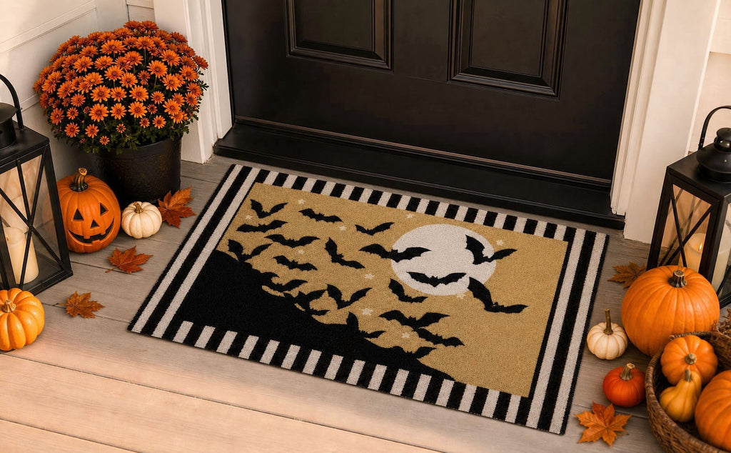 Dpityserensio Halloween Doormat Black Bat and Moon with Striped Border Non-Slip Washable Indoor Outdoor Rug, Vintage Fall Decor