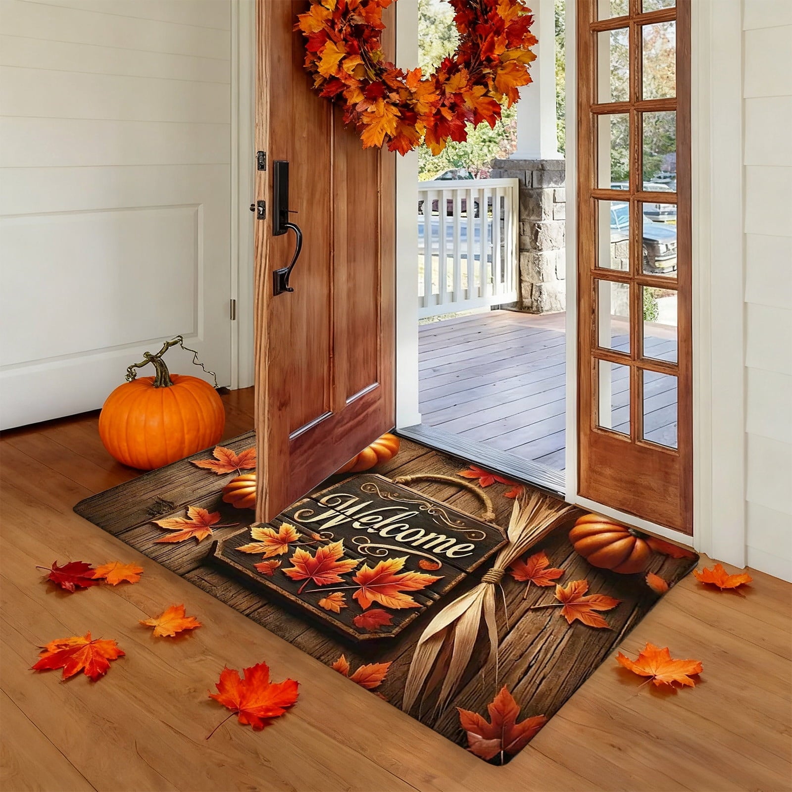 JoyMoreHome Fall Welcome Mat, 20x32 Inch Maple Leaves Door Mats, Decorative Indoor Outdoor Non Slip Entryway Rug, Halloween Thanksgiving Doormat Decor