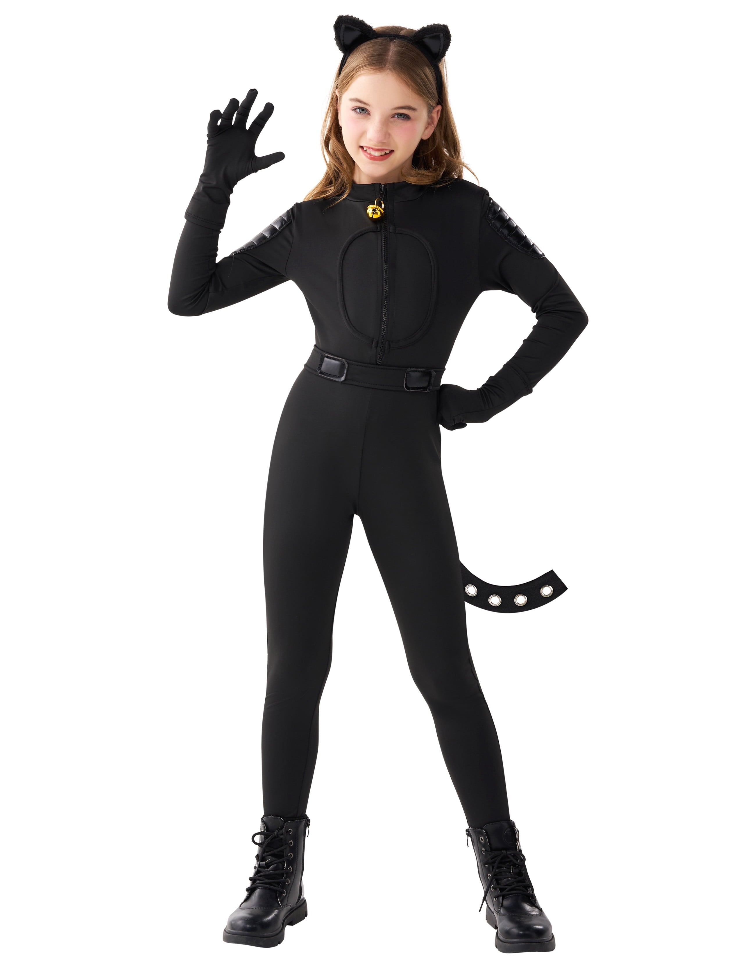 Joyfy Black Cat Costume for Girls, Kids Cat Outfit Set with Tail, Child Black Cat Halloween Costume for Cosplay Party