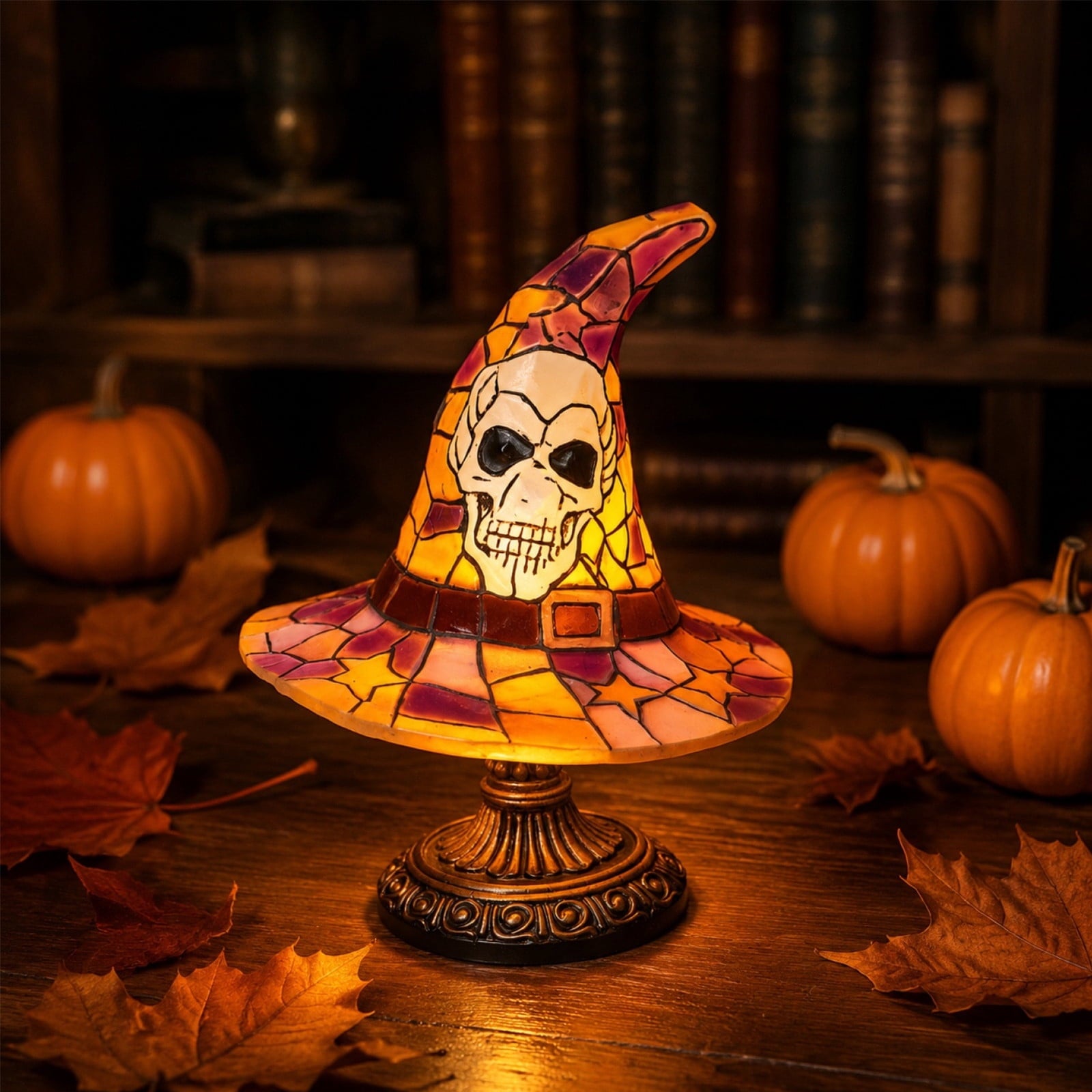 Clearance Halloween Table Lamp Decorations, Witch Hat Lamp Gifts - Handcrafted Retro Resin Witch Lamp, USB Powered Gothic Wizard Hats Night Light, Home Decor Accent Lamps for Bedroom