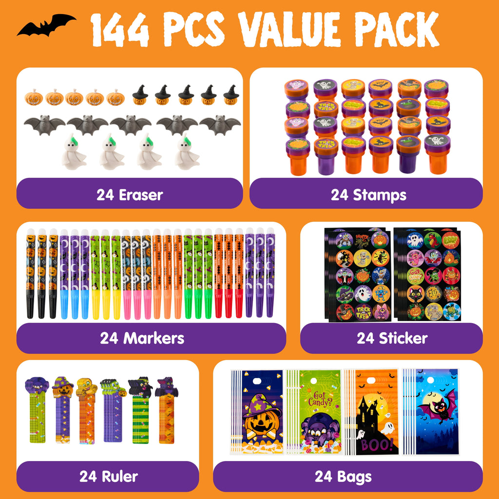 Joyfy 192 Pcs Halloween Stationery Set, Halloween Markers Rulers Stickers Erasers Stamps Notebooks Bags Party Favors,Halloween Trick or Treat Bags,Halloween Gifts for Kids,Classroom Favors