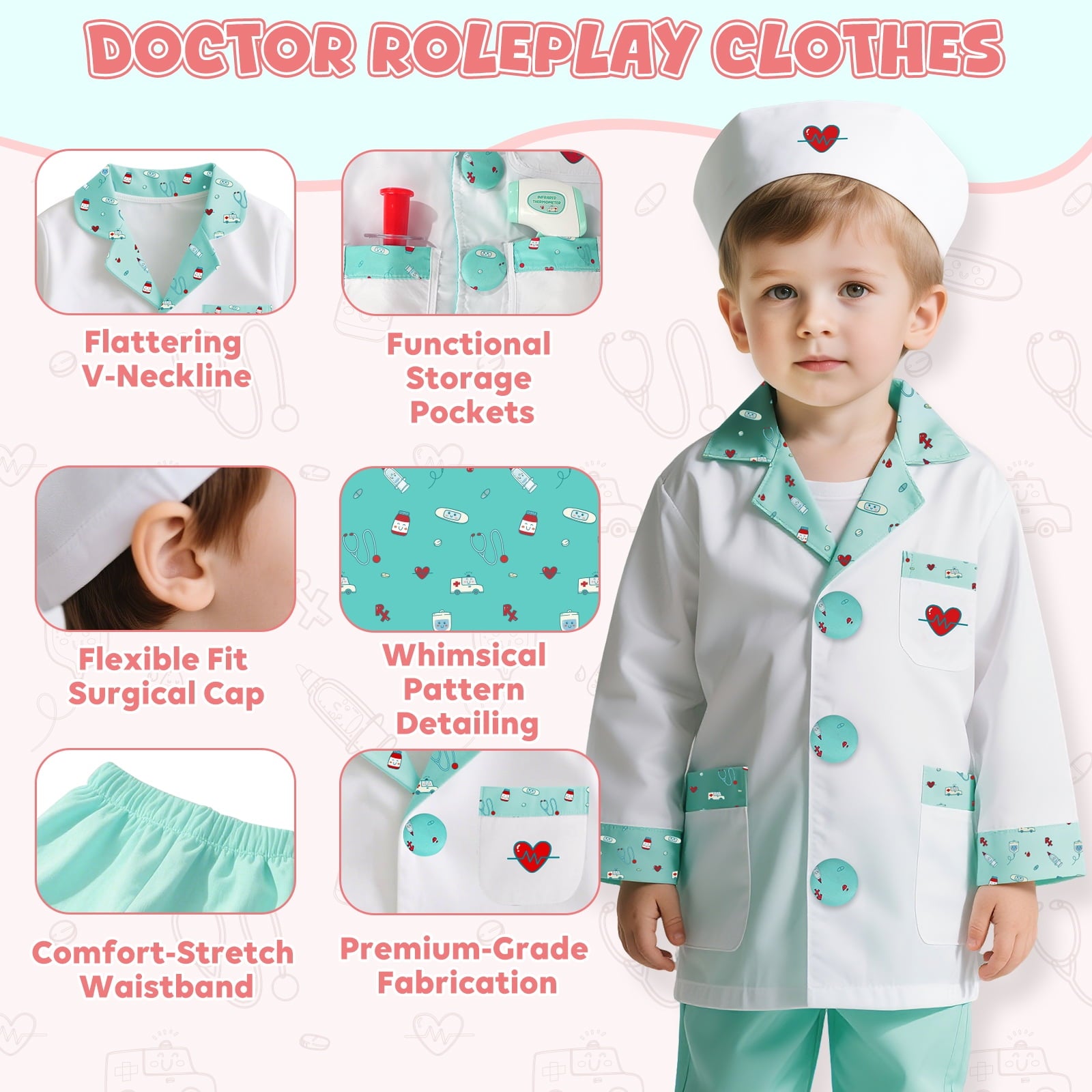 Doctor Costume for Kids Doctor Coat, Doctor Dress Up and Play Set 8 PCS with Real Stethoscope, Lab Coat Career Day Costume Kit for Toddlers Girls 3-12 - Pink