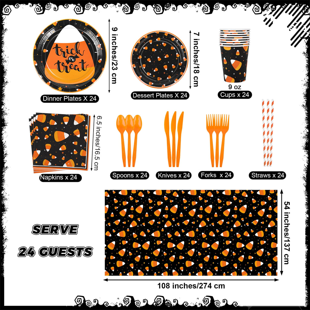 TURSTIN 193 Pieces Halloween Candy Corn Tableware Set Serves 24, Disposable Paper Plates Cups Napkins with Tablecloth for Halloween Party