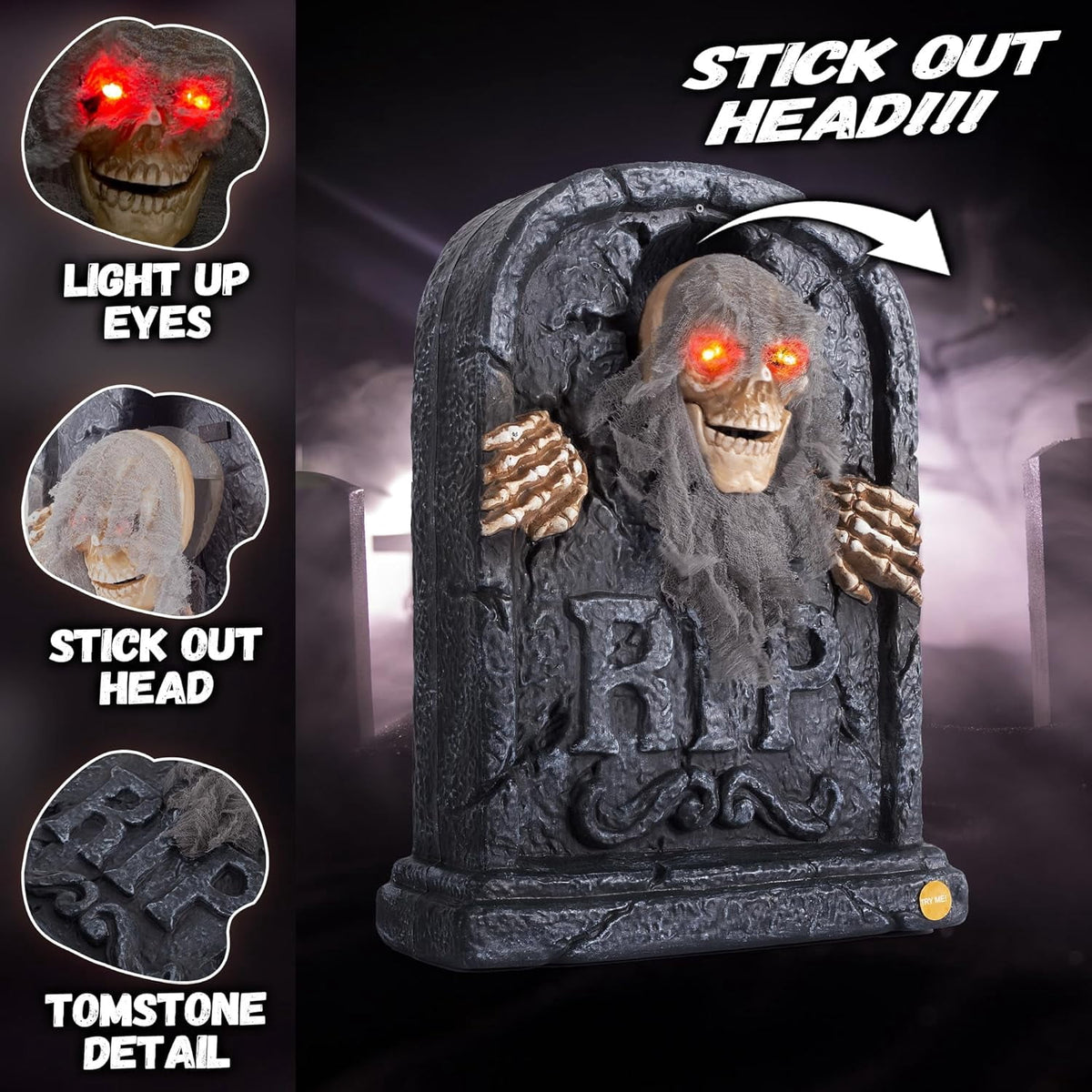 ELAMAS Halloween Animated Zombie Tombstone - Animatronic Skeleton Decorations with Sensor Activated, Creepy Voice, Spooky Skull head, Light Up Eyes, Scary Motion, Horror Prop for Indoor/Outdoor
