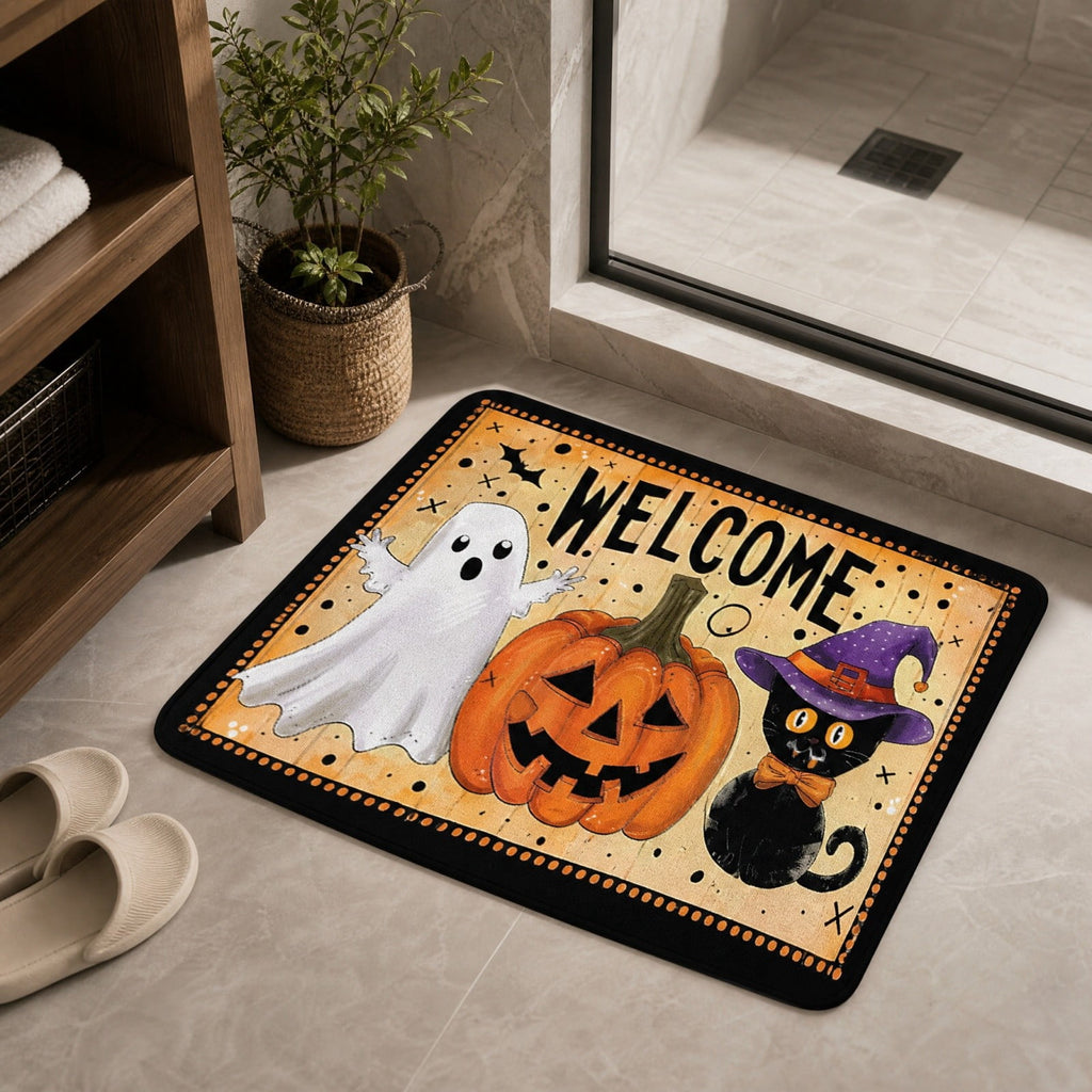 Halloween Doormat Ghost Bath Mat 23.6x15.7in Secure-Grip Absorbent Soft Faux Fur Rug for Bathroom Bedroom Living Room Decor by OVFUIZ