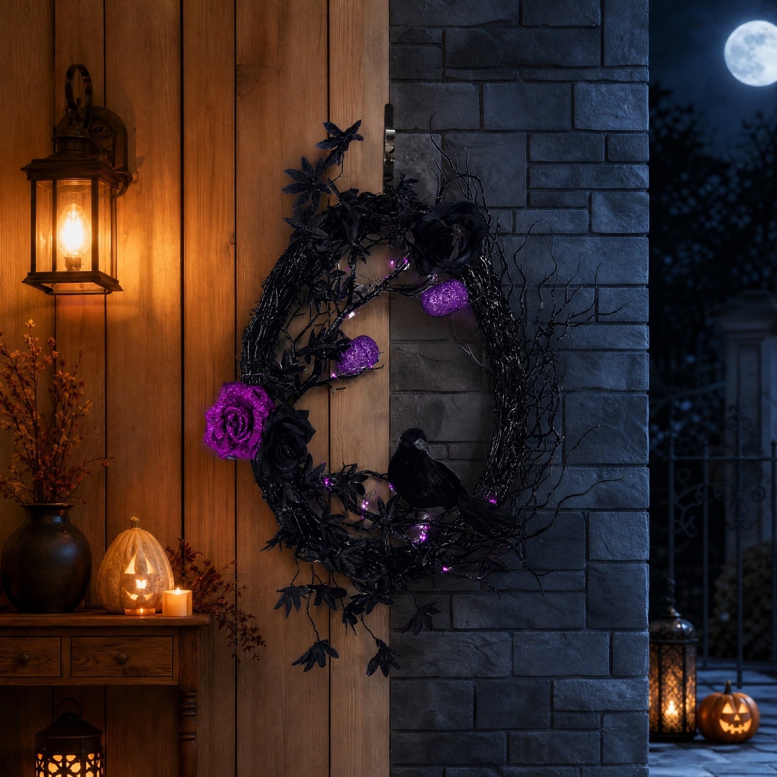 Gcvizuso Halloween Wreath with LED Light String, Purple Rose Black Crow Oval Spooky Twig Wreath for Front Door Window Fireplace Decor