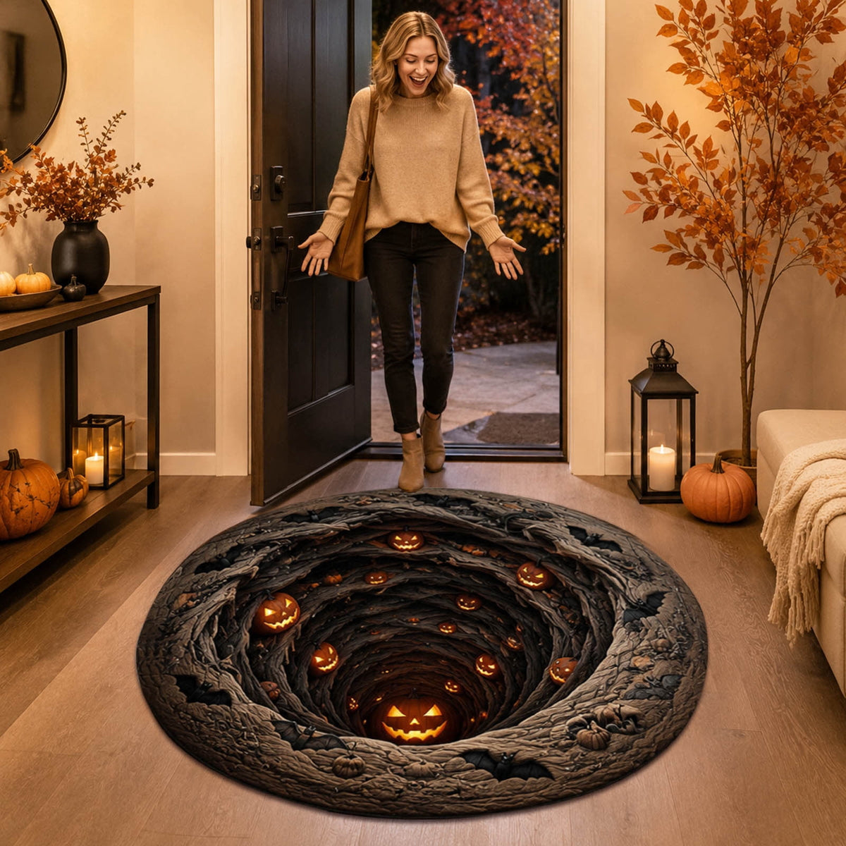3D Illusion Halloween Round Rug, Non Printed Optical Vortex Doormat, Spooky Circular Floor Mat for Indoor Entryway Home Party Decor 60x60cm