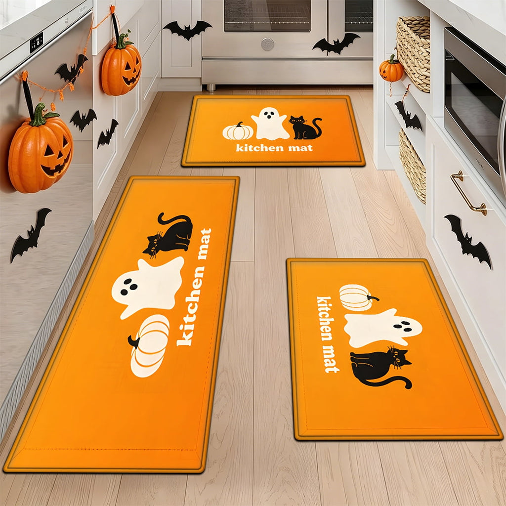 YIMEIS Halloween White Pumpkin Multi-purpose 3-Piece Flannel Mat and Kitchen Rugs,Soft Non-slip for Home Bedroom Bathroom