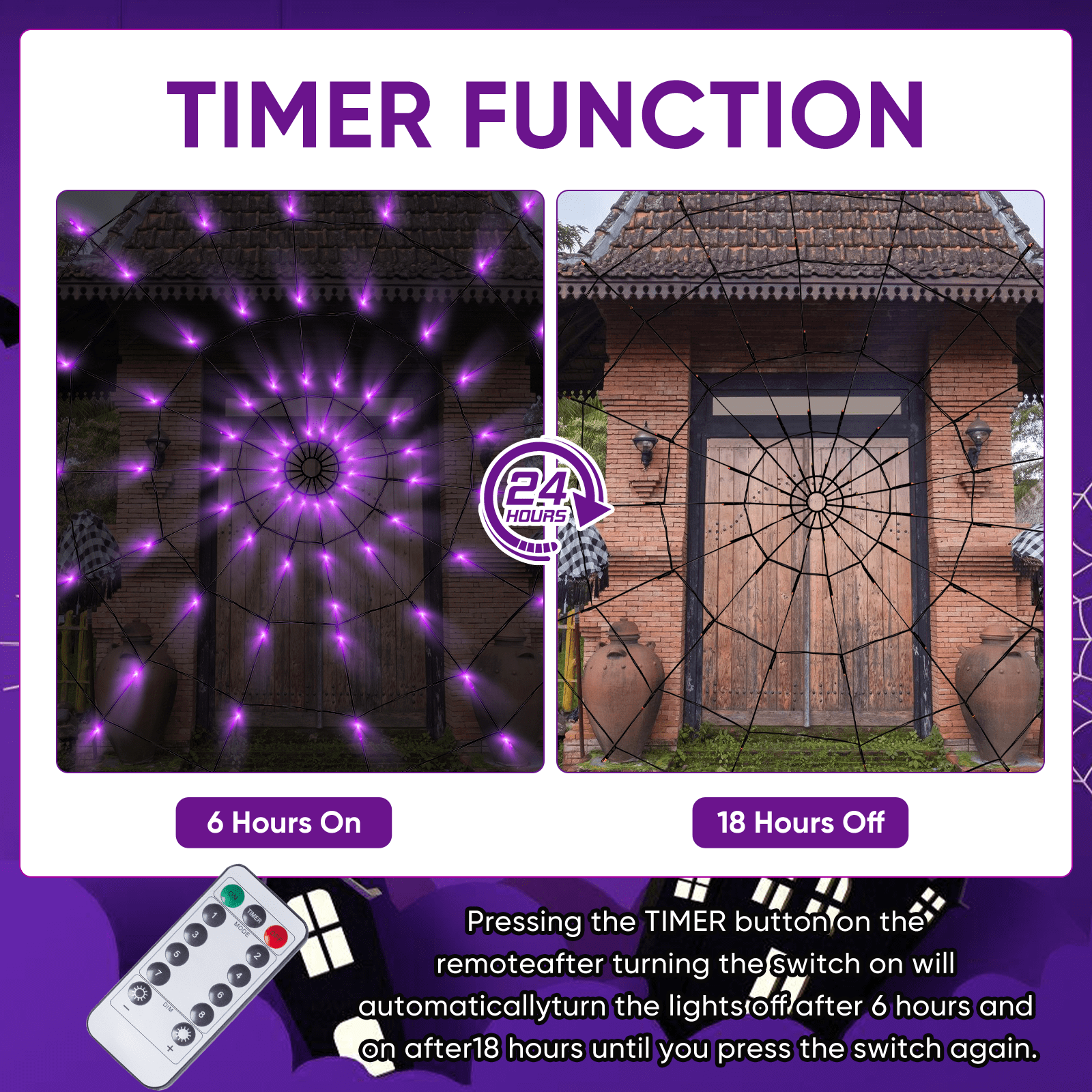 Halloween Decorations Spider Web Lights,4FT Diameter 70 LED with Black Spider, Waterproof Net Lights, Remote Control, 8 Modes Cobweb Halloween Decorations for House Garden Indoor Outdoor (Purple)