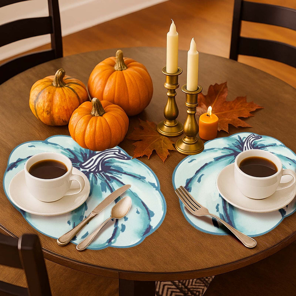 OVZME 4PCS Fall Placemats, Autumn Printed Pumpkin Place Mats for Kitchen Dining Table, Thanksgiving Harvest Halloween Holiday Decor Placemat, Water-Proof, Each 13" x 15", Dark Blue