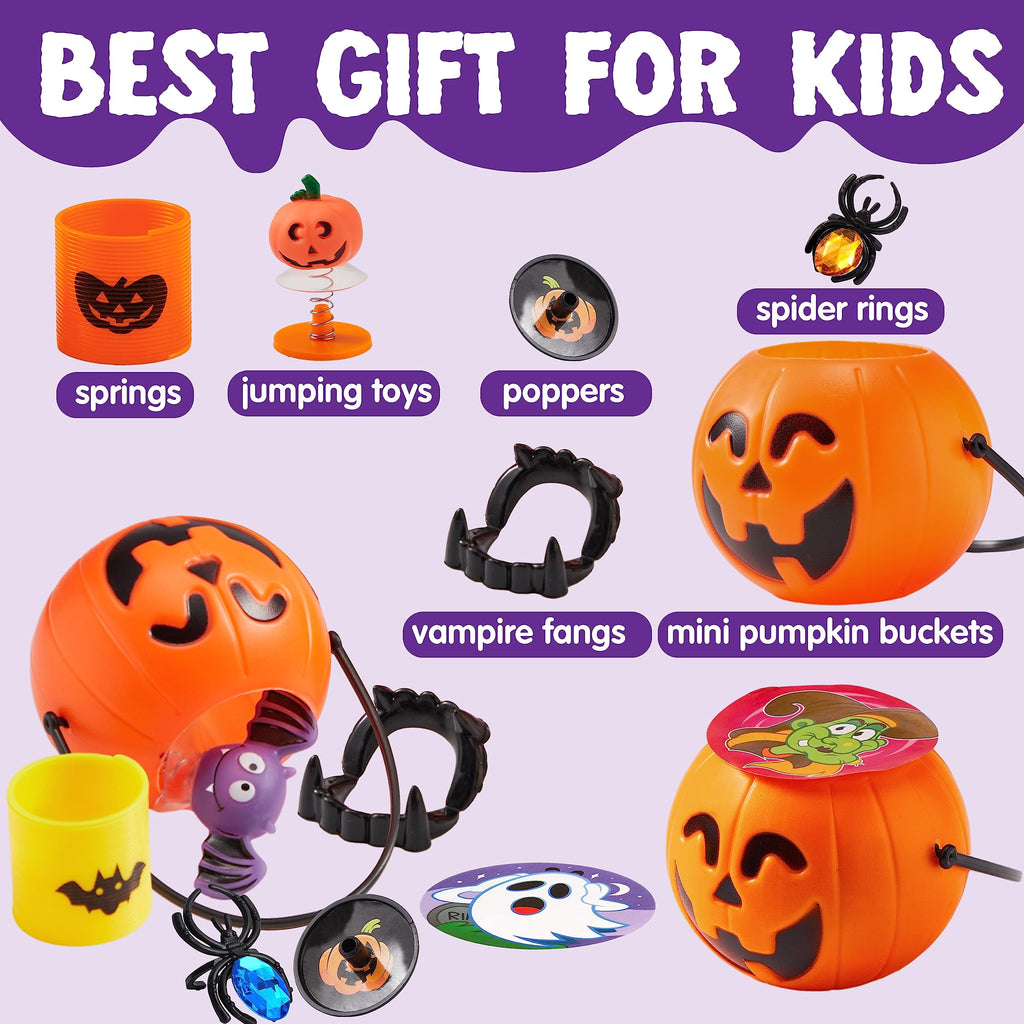 Joyfy 168 Pcs Halloween Stationery Party Favors,Halloween Gifts for Kids,Halloween Goodies Including Halloween Vampire Teeth,Spiders,Stamps,Stickers,Slap Bracelets