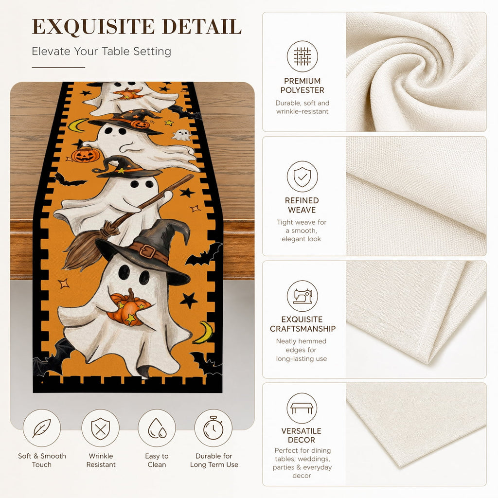 Sm:)e Halloween Table Runner Ghost Pumpkin 13x72 Inch, Halloween Party Kitchen Dining Indoor Outdoor Decorations,Orange