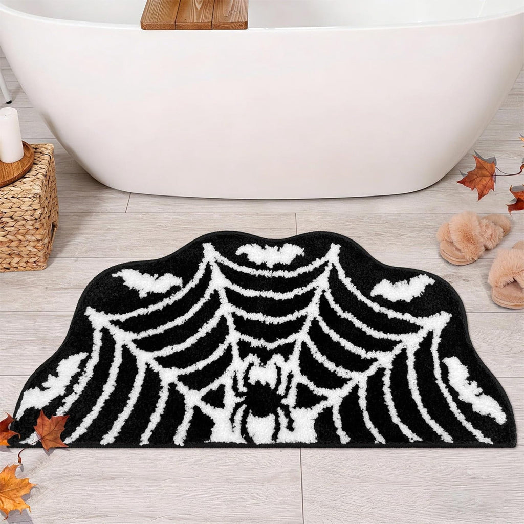 Taotanxi Spider Web Bath Mat, Halloween Bathroom Rug 15x23 Inches, Halloween Rugs Bathroom Decor, Black Gothic Bath Mat, Ultra Soft Great Absorbency