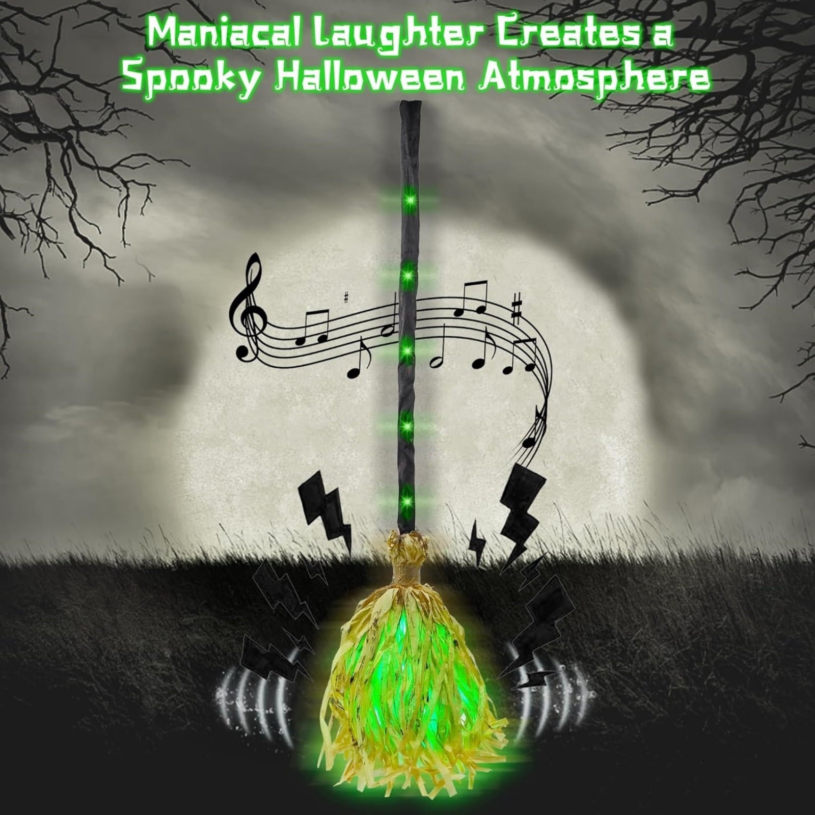 Witch Broom Halloween Decor - Animated Light Up Moving Broomstick with Spooky Sounds | Dancing for Home, Porch & Party 1PC