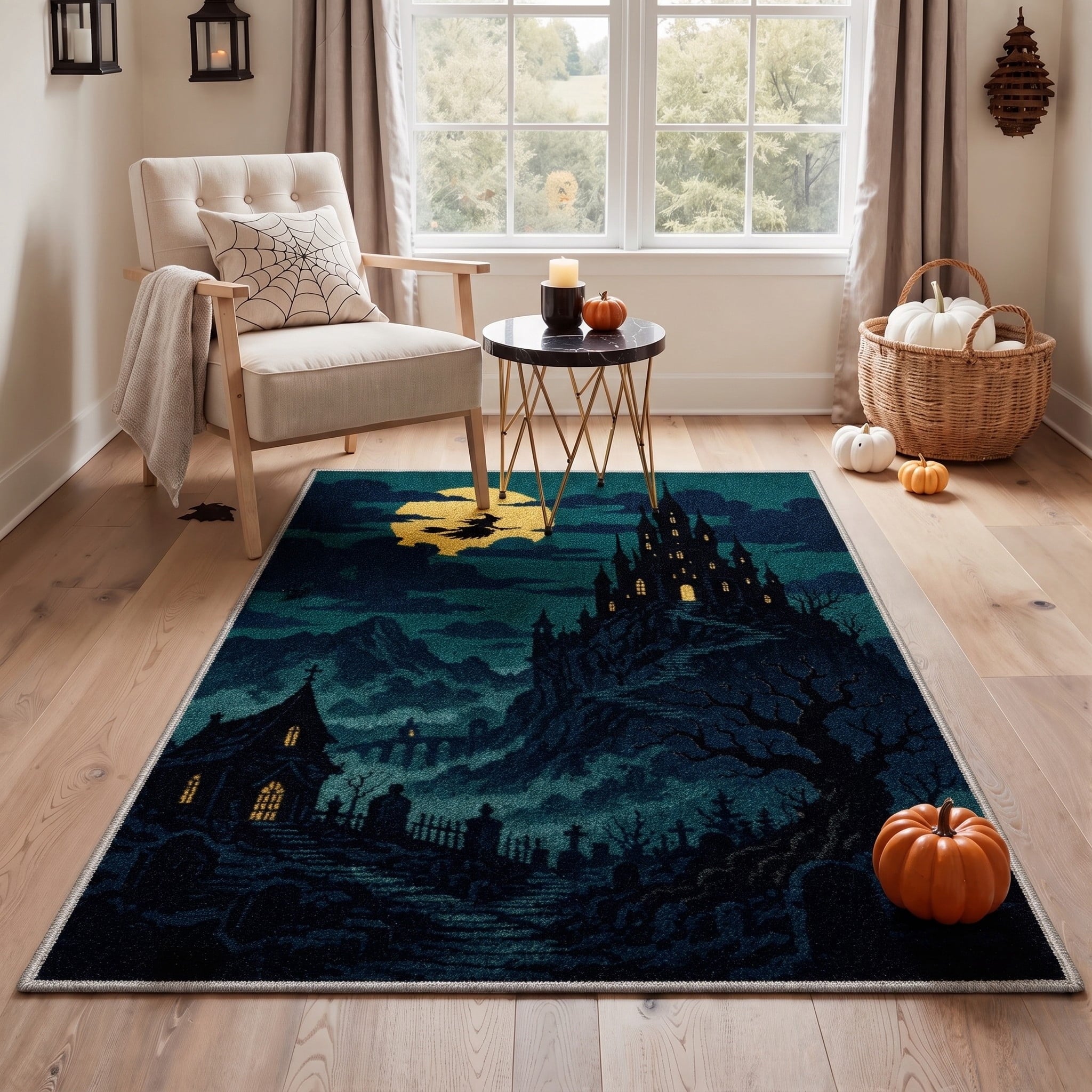 GENIMO 2'x7' Halloween Runner Rug, Washable Non Slip Soft Gothic Raven Indoor Outdoor Hallway Runner for Porch Patio Kitchen Entryway, Rust Orange