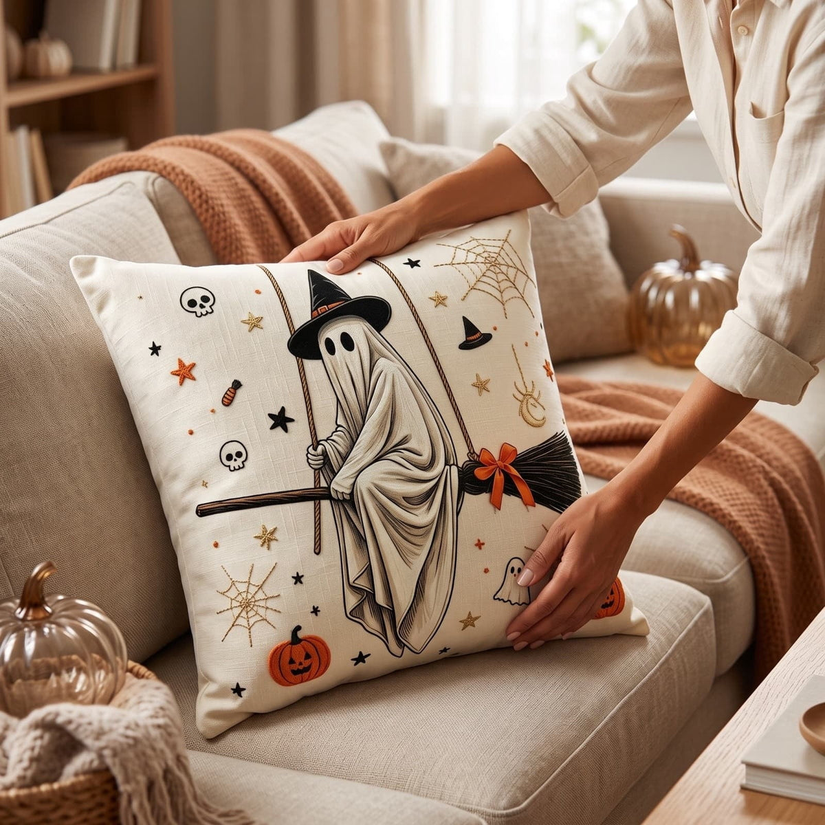 Halloween Ghost Reading Book Throw Pillow Cover, Spooky Library Bookshelf Skull Candlestick Decorative Pillowcase, Retro Halloween Cushion Cover