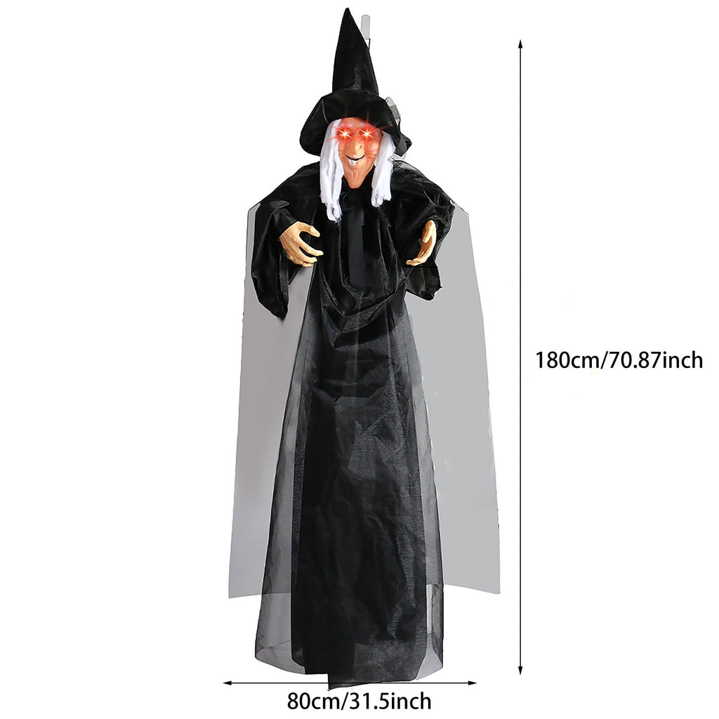 BinKFF Life Size Hanging Talking Witch - Animated Halloween Witch with Sound Activation and Red Eyes for Outdoor & Indoor Decor - Flying Animatronic Witch for Halloween Decorations