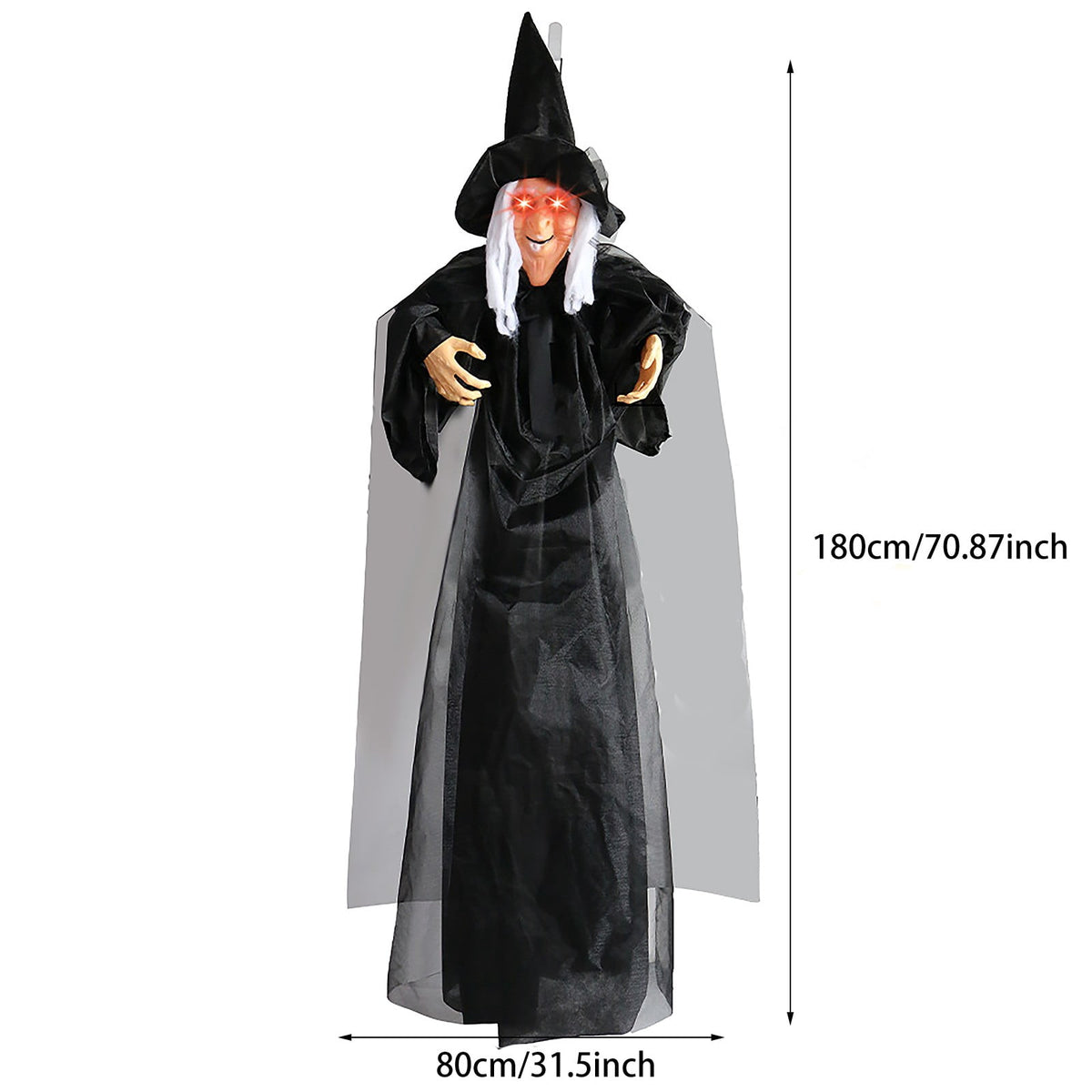 BinKFF Life Size Hanging Talking Witch - Animated Halloween Witch with Sound Activation and Red Eyes for Outdoor & Indoor Decor - Flying Animatronic Witch for Halloween Decorations