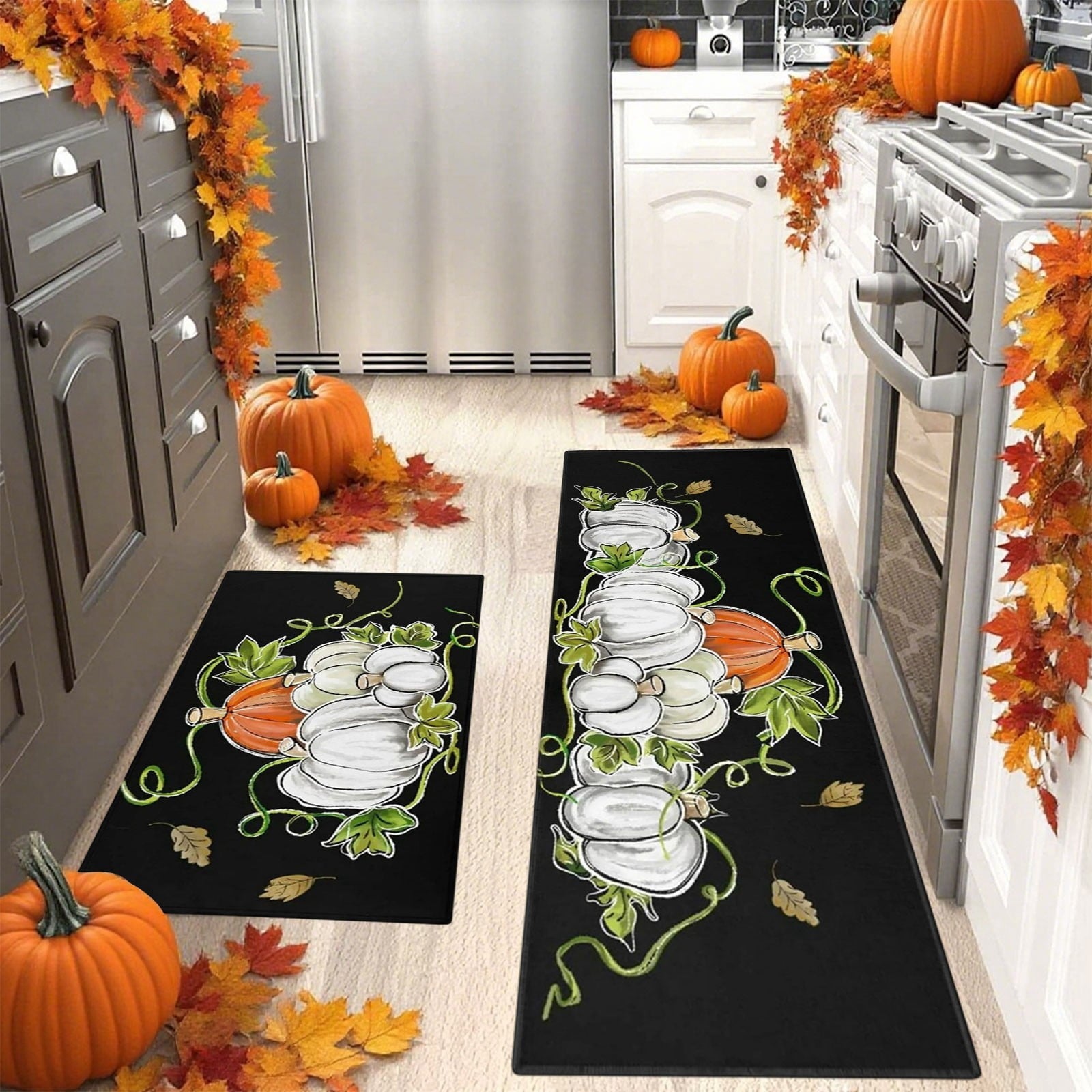 HOARBOEG Fall Pumpkin Maple Leaf Floor Mat 2-Piece Set - Non-Slip Halloween Thanksgiving Decorative Rug for Bathroom, Kitchen, Porch, Entrance, Polyester Foot Mats, Easy Clean Indoor/Outdoor