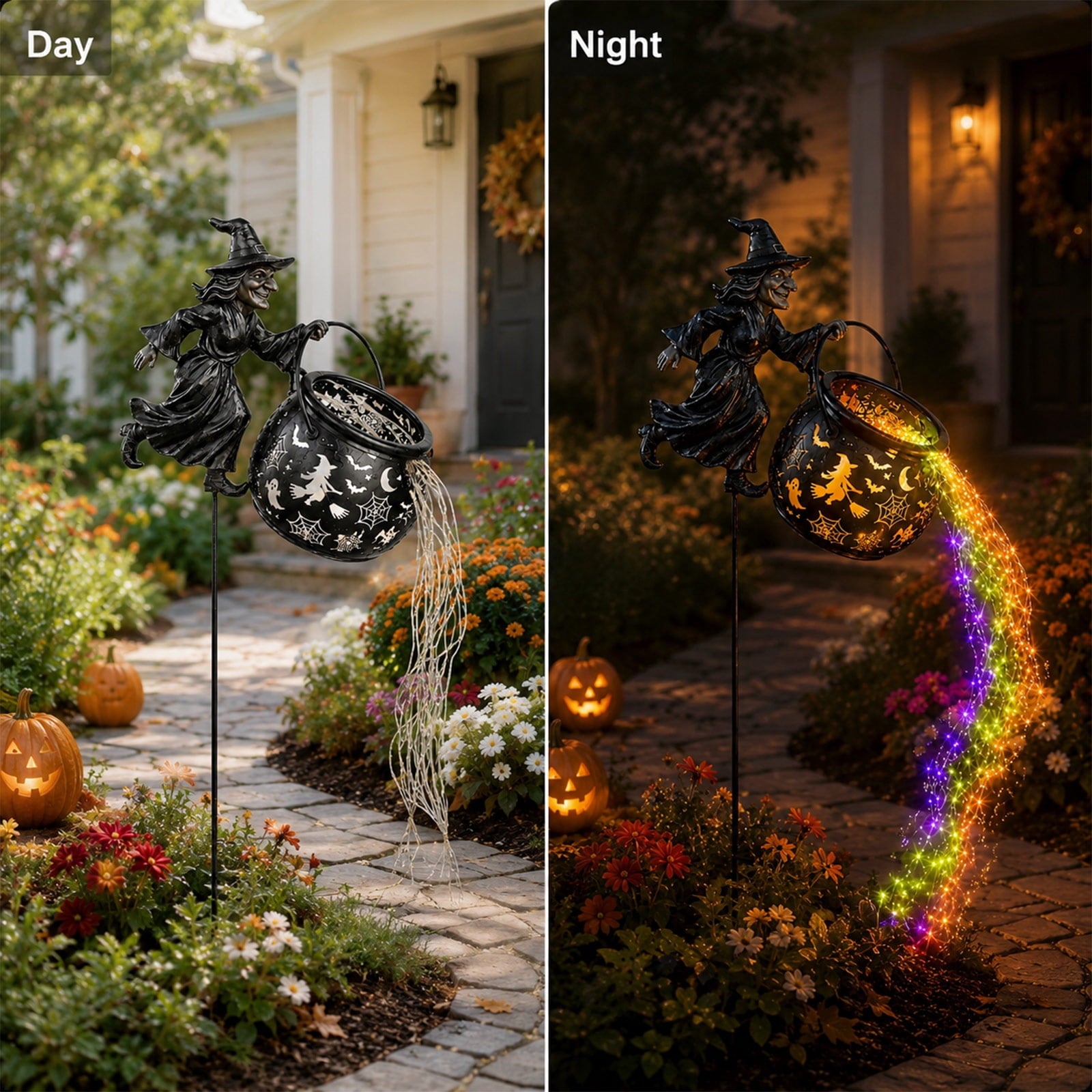 Halloween Witch Cauldron Garden Light, 3D Witch Cauldron LED Projector Outdoor Decor, Solar Powered Garden Stake Light with Halloween Shadow Projection Effect