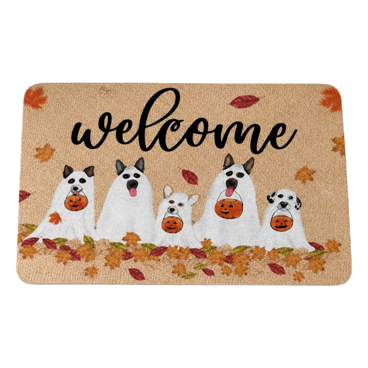 Bklubk Welcome Ghost Dog Pumpkin Maple Leaf Halloween Front Door Mat Fall Season Entryway Decor Rug