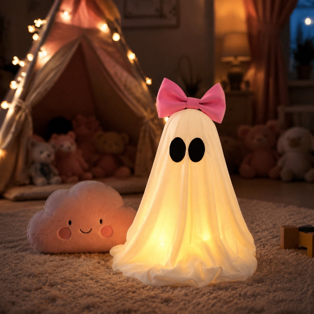 Pink Halloween Decor Ghost Candy Bowl Figurine with Bow and Scalloped Holder for Indoor Tabletop Decor and Party Favor Display