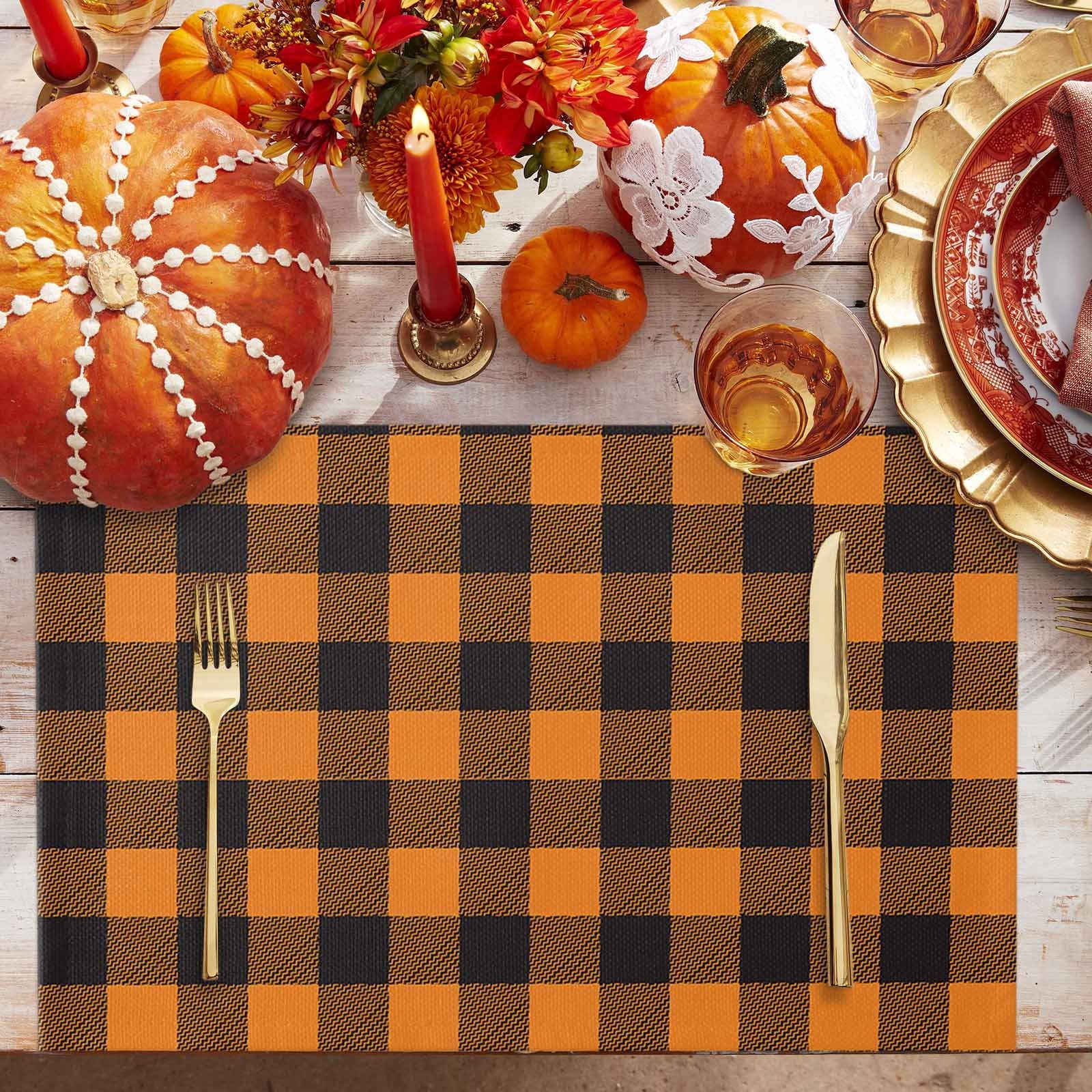 Halloween Placemats Set of 4 Orange and Black Check Plaid Place Mats Fall Placemat Checkered Table Mats for Dining Kitchen Table Holiday Dinner Party Home Decorations 13x19 Inch