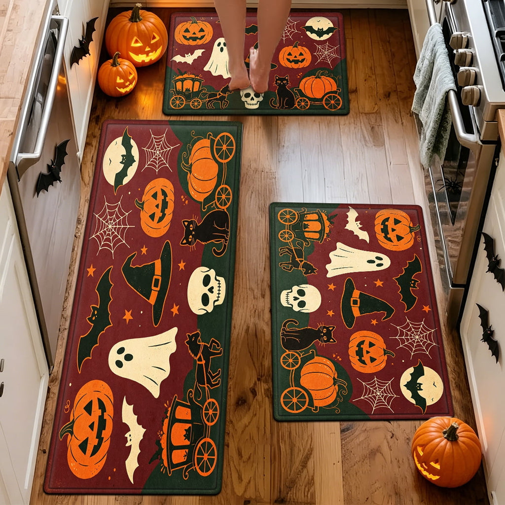YIMEIS Halloween Neon Pumpkin Lanterns 3Pcs Flannel Mat & Kitchen Rugs Set,Soft Non-slip,16''×24'' 20''×30'' 17''×47'' Inches,for Entryway Bathroom