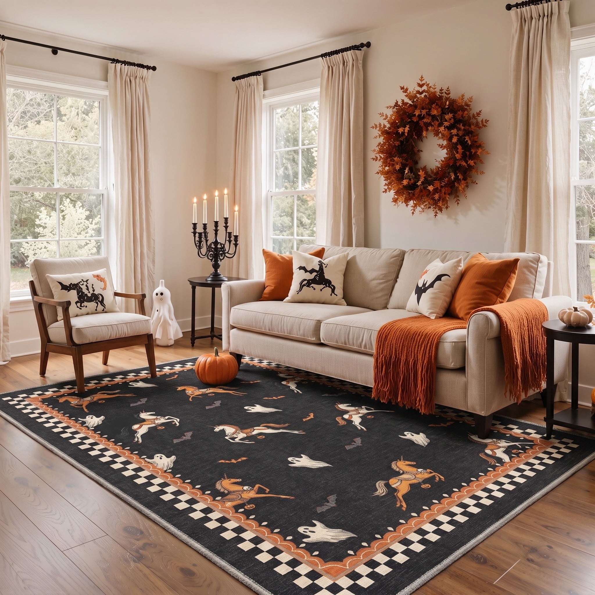 GENIMO 5'x7' Halloween Area Rug for Living Room, Washable Non Slip Soft Farmhouse Pumpkin Indoor Rug for Bedroom Dining Room Home Office, Vintage Sepia