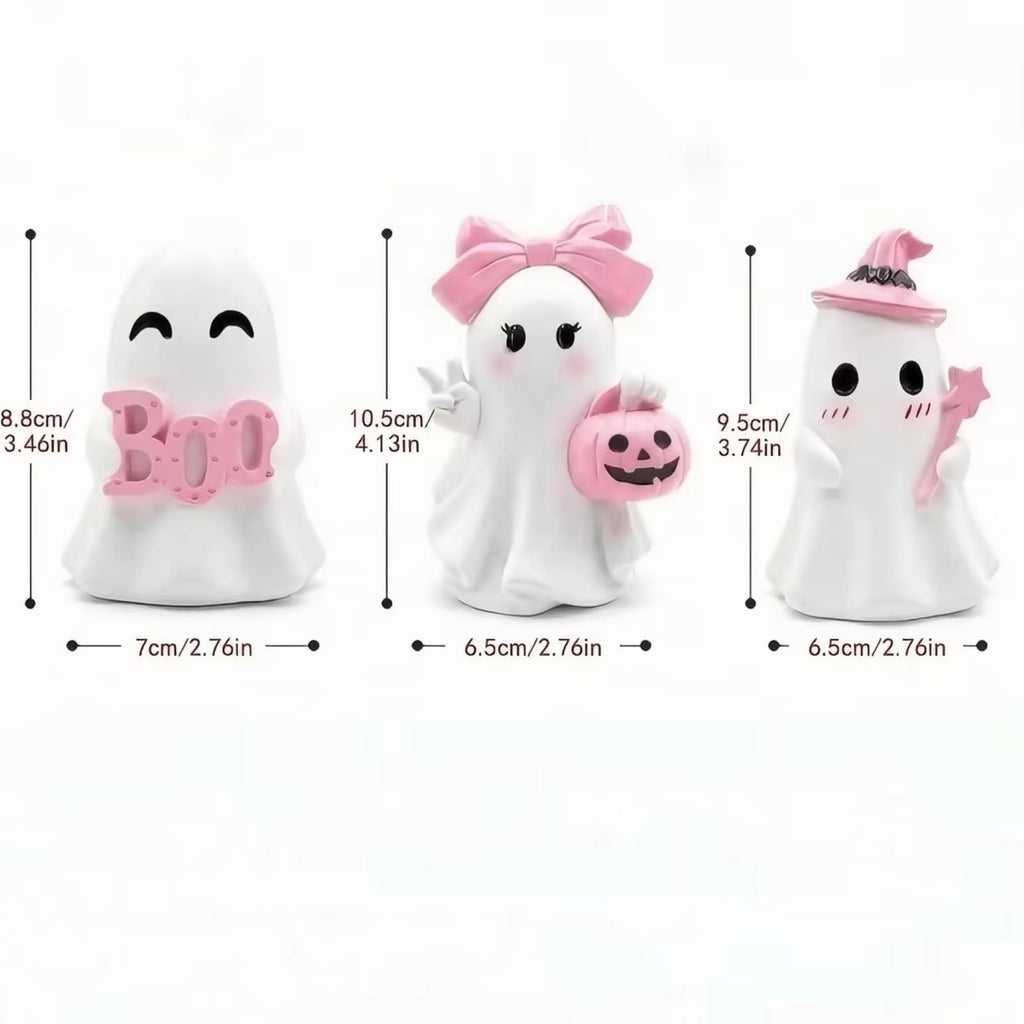 Pink Halloween Decor Ghost Candy Bowl Figurine with Bow and Scalloped Holder for Indoor Tabletop Decor and Party Favor Display