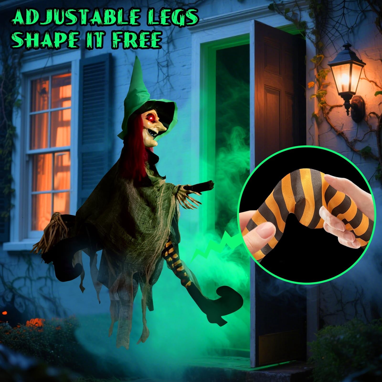 PRESENCE Halloween LED Light-Up Flying Witch on Broomstick, Realistic Sound & Motion, Scary Animated Decoration with Kicking Legs for Yard, Party, Haunted House Green