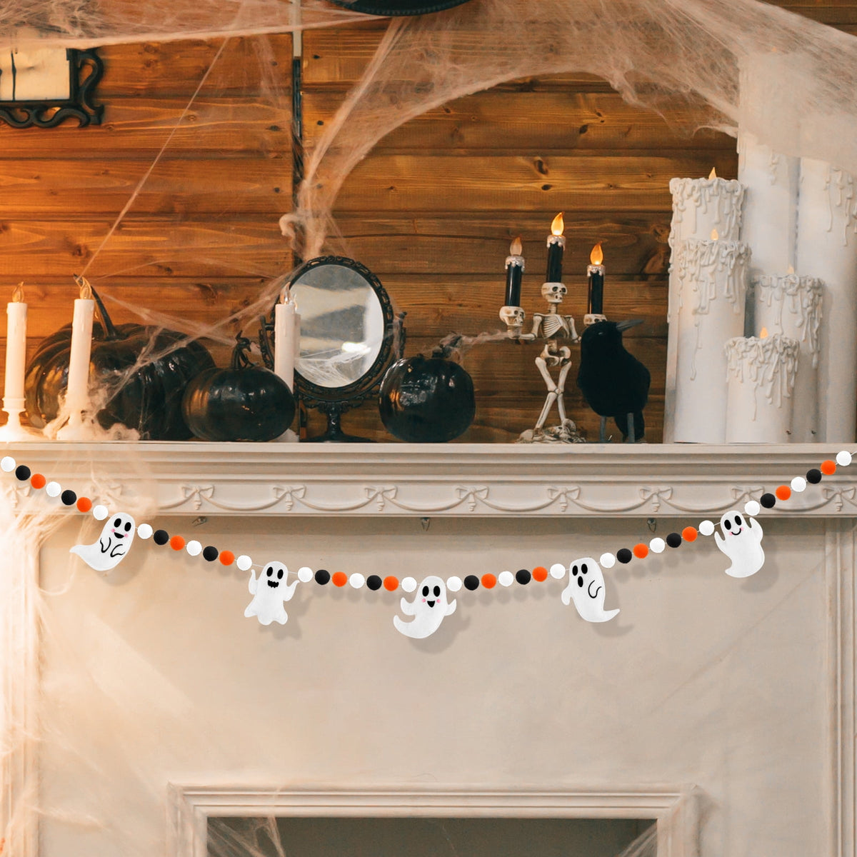 YIBAGA Halloween Garland Banner 6.6Ft Wool Felt Ghosts Ball Haunted Houses Decors Party Supplies