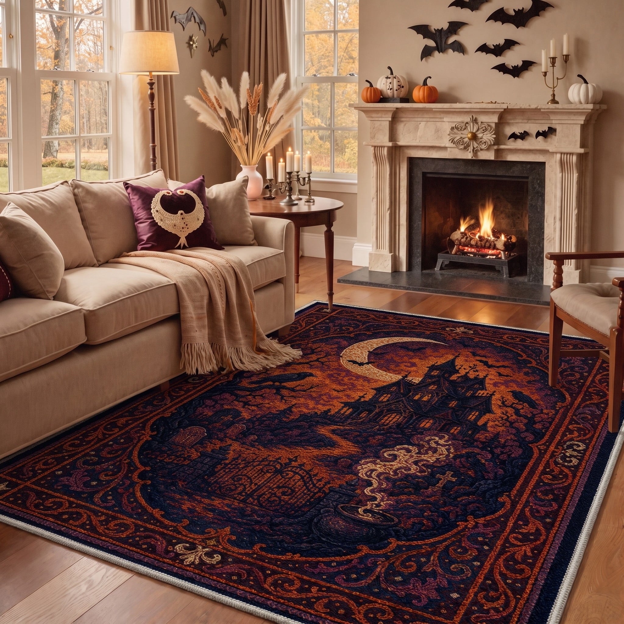 GENIMO 2'x7' Halloween Runner Rug, Washable Non Slip Soft Vintage Witch Indoor Outdoor Hallway Runner for Porch Patio Kitchen Entryway, Retro Sepia