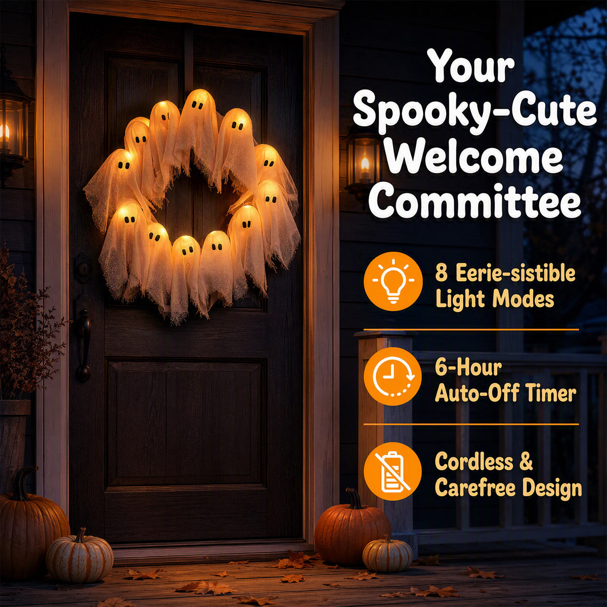 Halloween Glowing Ghost Wreath, Light-up Spooky Wreath with 12 Ghost Decor, RC, 6H Timer, Ideal for Halloween Party (A 12x3inch)
