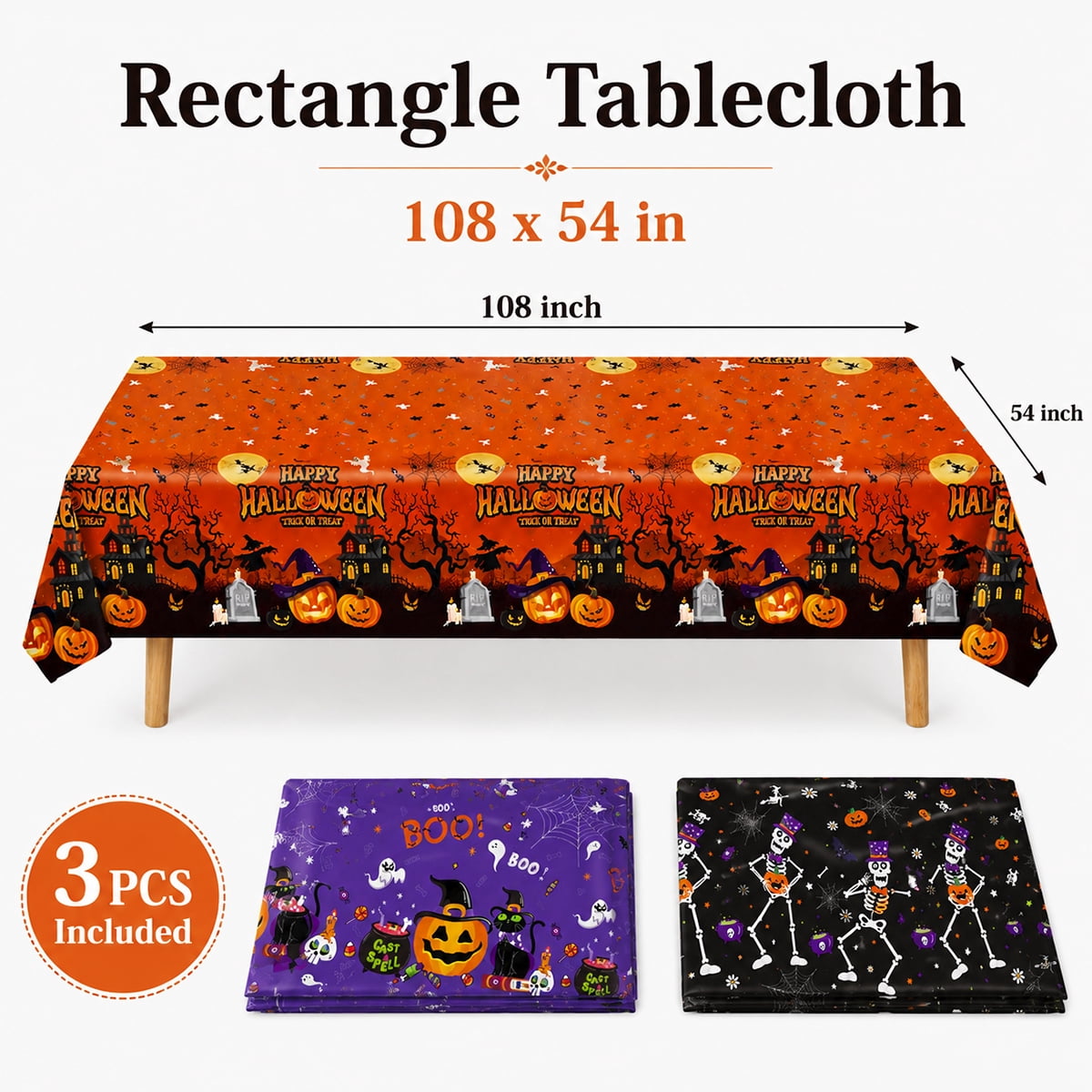 Halloween Tablecloth Decorations Halloween Party Supplies Plastic Disposable Rectangle Tablecovers Skeletons Ghosts Pumpkin Table Décor 3Pcs Design 2