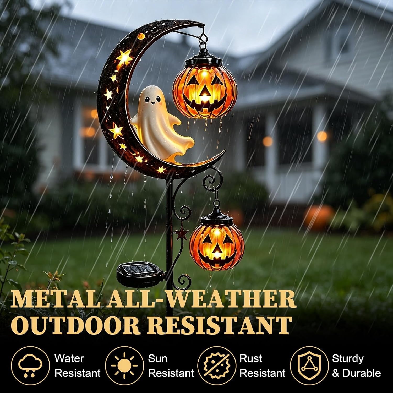 Solar Halloween Black Cat & Pumpkin Moon Garden Stake Light | Waterproof Metal Black Cat Yard Ornament, Auto On Off Solar Outdoor Light, Fall Halloween Decor Stake for Lawn Patio Pathway