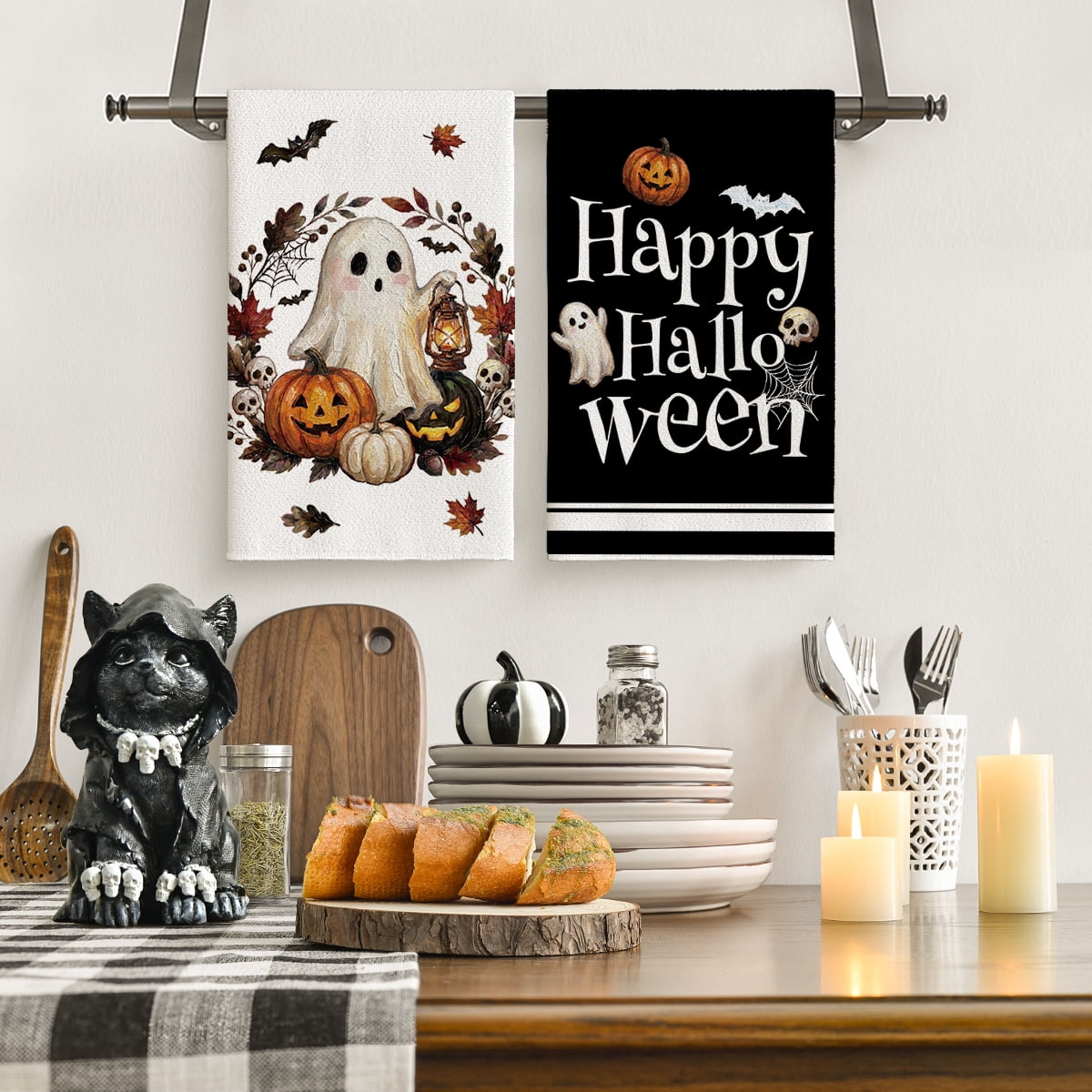Sm:)e Pumpkin Ghost Bat Happy Halloween Dish Towels Set of 4, 18x26 Inch, Seasonal Holiday Hand Towels for Kitchen and Dining Table