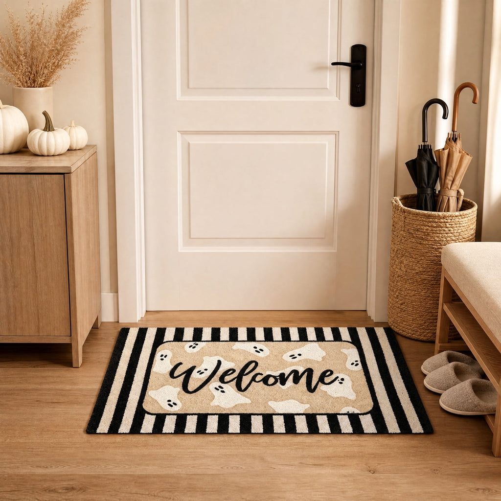 QuanTara Halloween Ghost Welcome Doormat, 31.5" x 15.75" Non-Slip Entryway Rug, Cute Spooky Ghost Print with Striped Border, Soft Faux Velvet Front Door Mat for Fall Home Decor, Porch & Indoor Use