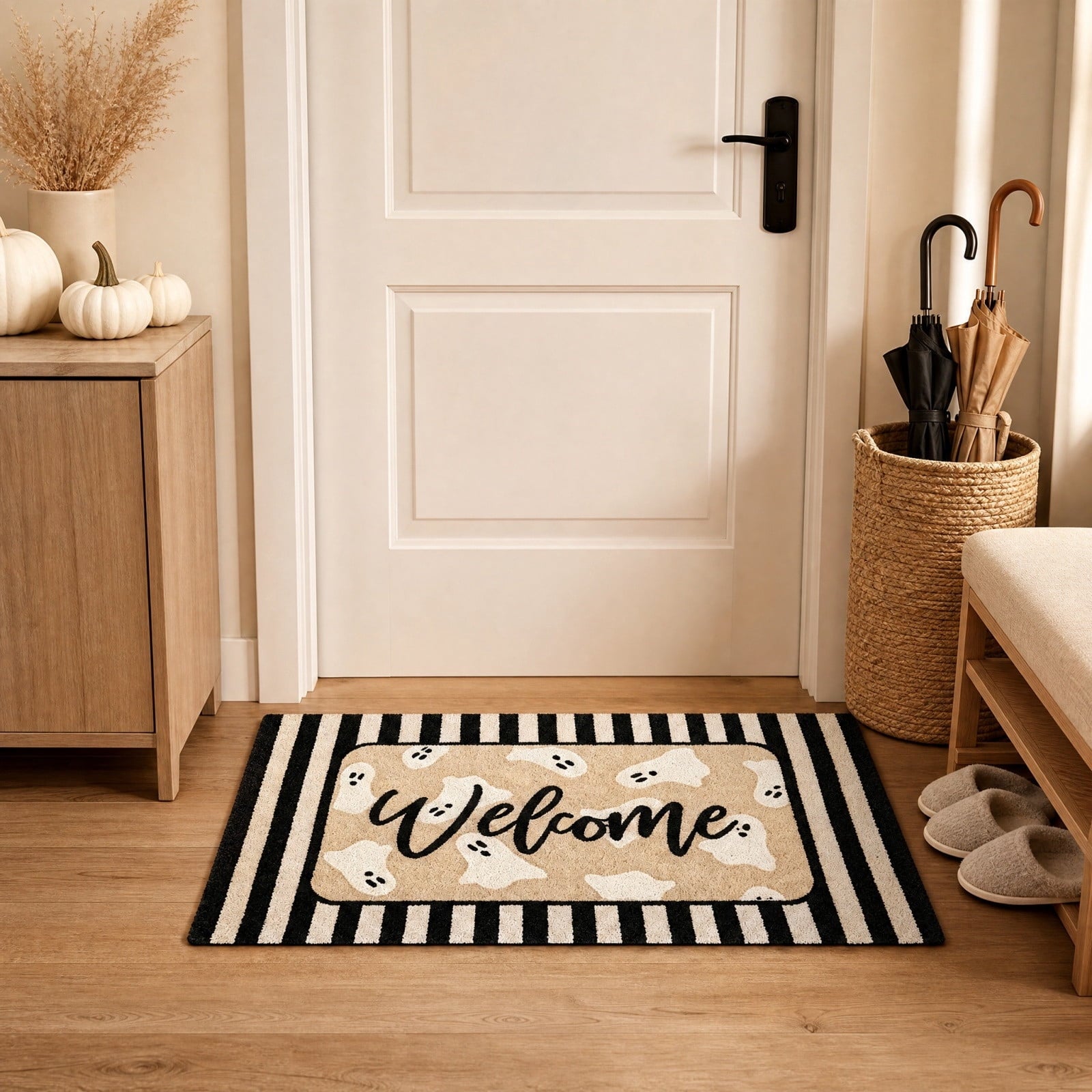 QuanTara Halloween Ghost Welcome Doormat, 31.5" x 15.75" Non-Slip Entryway Rug, Cute Spooky Ghost Print with Striped Border, Soft Faux Velvet Front Door Mat for Fall Home Decor, Porch & Indoor Use