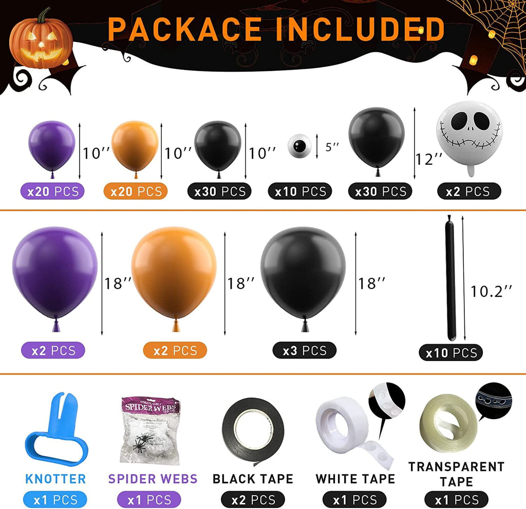 134Pcs Halloween Balloons Garland Kit, Black Orange Balloons Spider Balloons, Long Balloons, 3D Bat Sticker for Halloween Theme Party Background Classroom Decorations