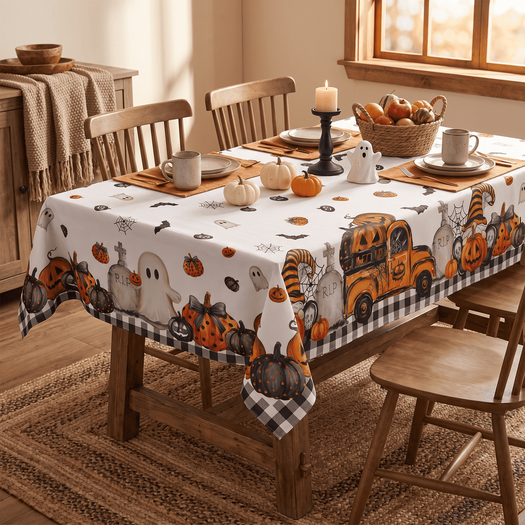 Sm:)e Truck Jack O Lantern Pumpkin Bat Buffalo Plaid Halloween Tablecloth 60 x 84 Inch, Wrinkle-Resistant Table Cover for Dining Decor, Rectangle