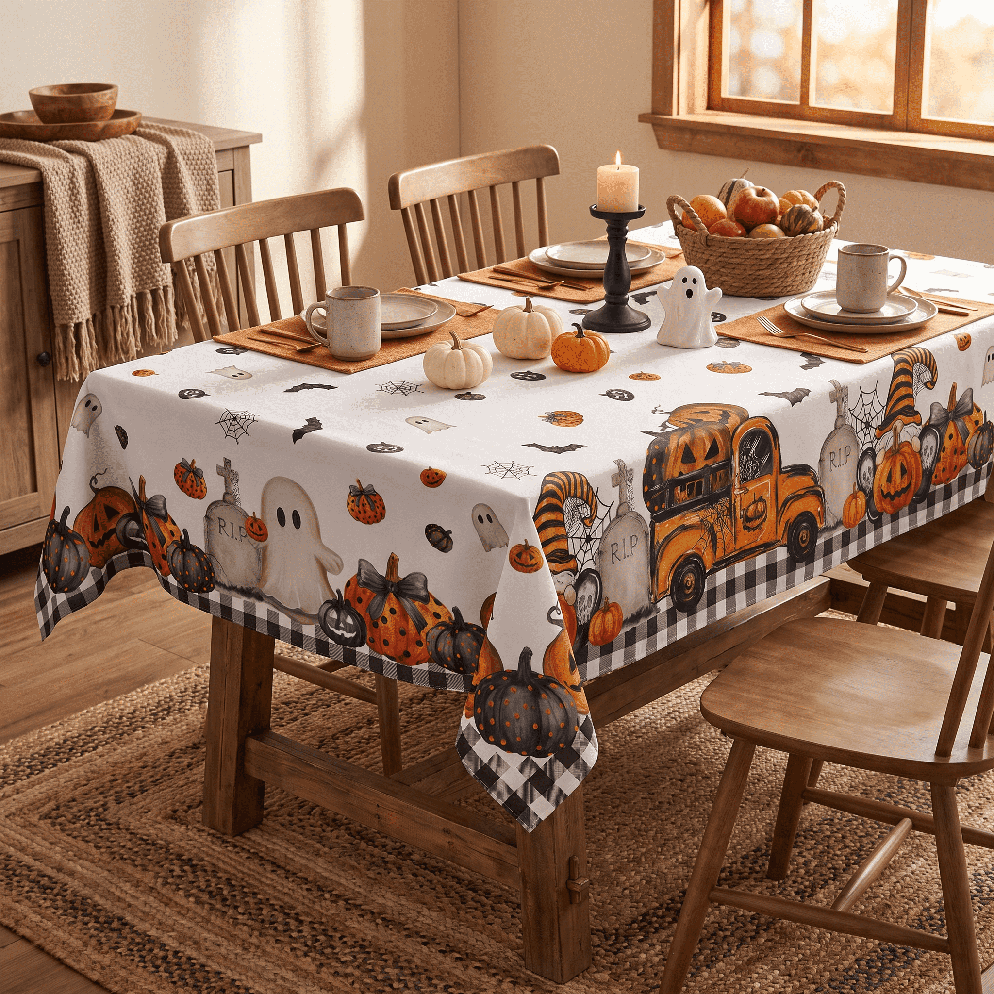 Sm:)e Truck Jack O Lantern Pumpkin Bat Buffalo Plaid Halloween Tablecloth 60 x 84 Inch, Wrinkle-Resistant Table Cover for Dining Decor, Rectangle