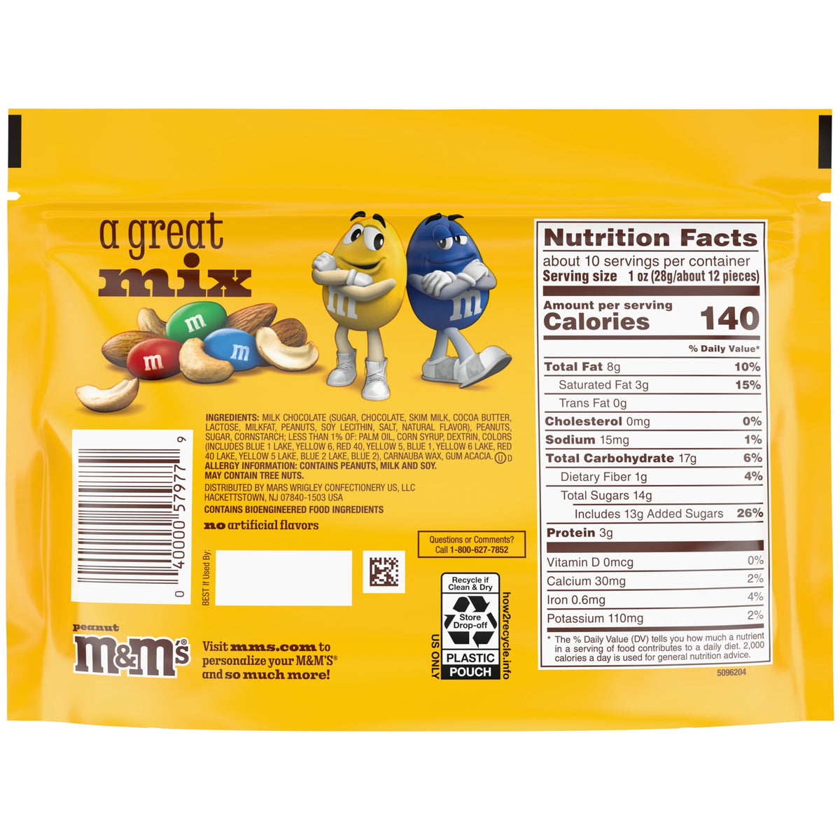 M&M's Peanut Milk Chocolate Candy, Family Size 18.08 oz Resealable Bulk Bag