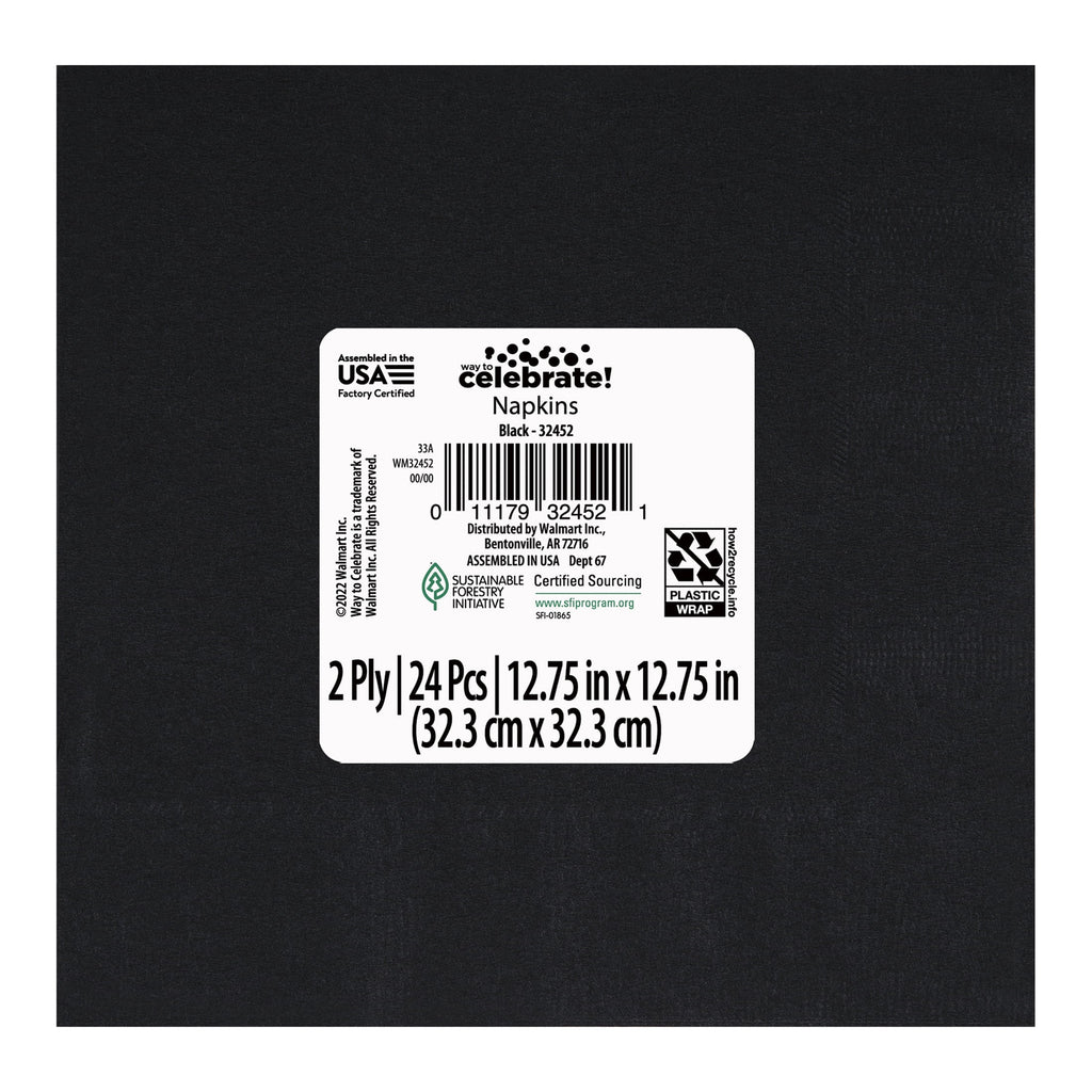 Way To Celebrate Disposable Paper Party Napkins, Black, 6.5 in x 6.5 in, 24 Count