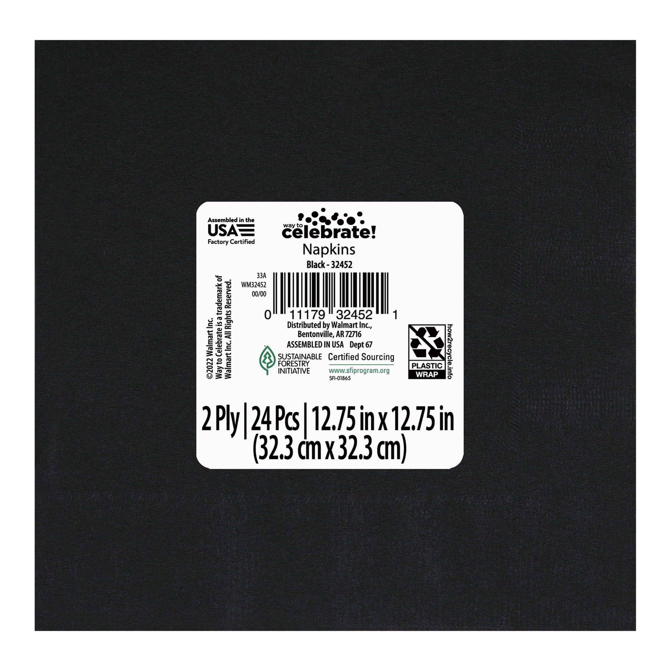 Way To Celebrate Disposable Paper Party Napkins, Black, 6.5 in x 6.5 in, 24 Count